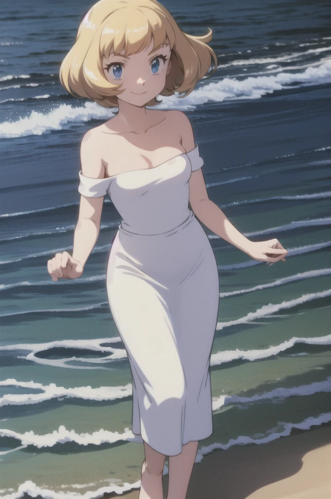 pokemovies, sugimori ken, ken sugimori ken \(style\), anime screencap, masterpiece, best quality, highres, outdoors, small breasts, 1 girl, Solo, Blue Eyes, Beautiful Detail Eyes, Blonde Medium Hair, Bangs, Good hands are down, Smile, Blushing, Bare Neck, Bare Shoulders, strapless, White Ruffle Off-the-Shoulder maxi dress. Cowboy shot. A landscape of the beach, blue skies, sand beach, ocean waves. In the center. Walking in bare feets.