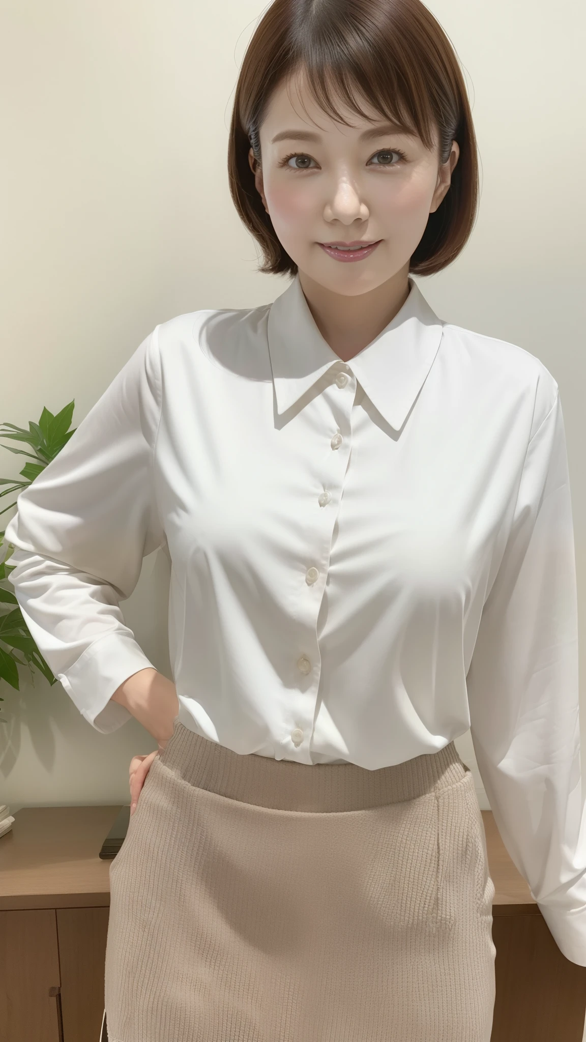 ((highest quality, 8K, Representative works in detail, ultra high resolution)), (group photo), (looking at the viewer), (middle shot:), Five attractive businesswomen, 5 people, a little chubby:0.25, white collared shirt, gray skirt, (officeの机にあぐらをかいて座っている)), smile, president'office,big bust、hort skirt