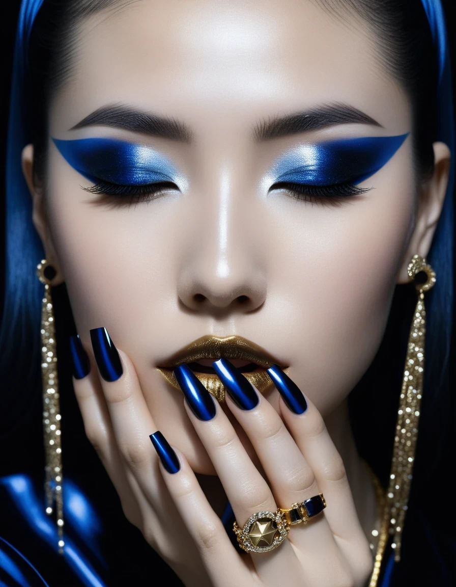 Close-up of pale hands with long black nails， Blue Star, gold, Half-closed eyes in the dark, Robert Ferrie (Roberto Ferri) Hajime Sorayama (Hajime Sorayama) style of