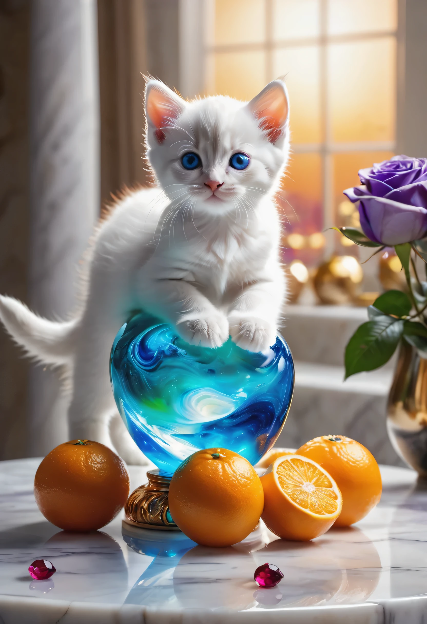 baby kitten, kitten has brilliant blue eyes, (masterpiece, best quality:1.2), sun on a pedestal. oranges on a white marble table, mist in background, 8k, photography style,a clear glass vase with orange bioluminescent fluid in them, on a white marble table, red rubies and emeralds on the table, deep purple velvet drapes, bioluminescent, colorfull, glow, fluid, glowing, Appetizing, professional, culinary, high-resolution, commercial, highly detailed,neon hue, full of color, there are 12 white roses in a marble and gold vase, sunlite background, radiant sunlight, a baby kitten, kitten has brilliant blue eyes, 8k