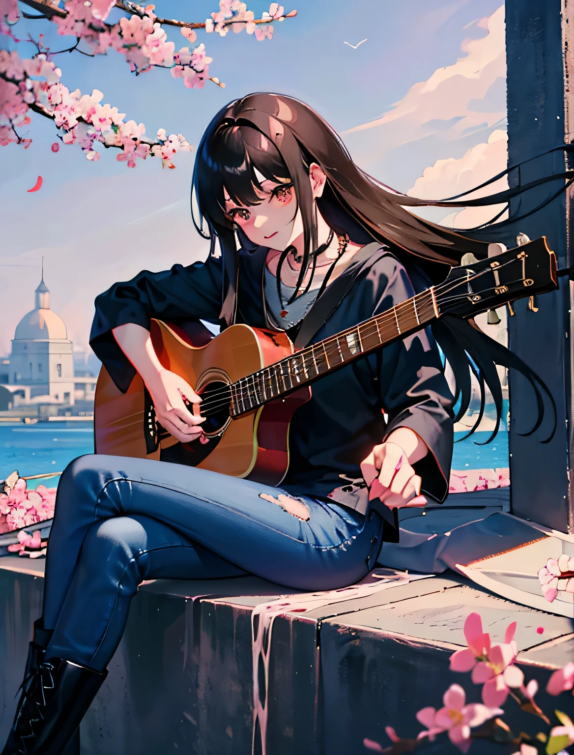 Playing acoustic guitar、Black hair with red Messi、a young girl，Dressed in sexy grunge jeans clothes，wear long boots，with necklace，Sitting under the cherry blossoms，night，Look up and count the stars in the sky，ultra high resolution