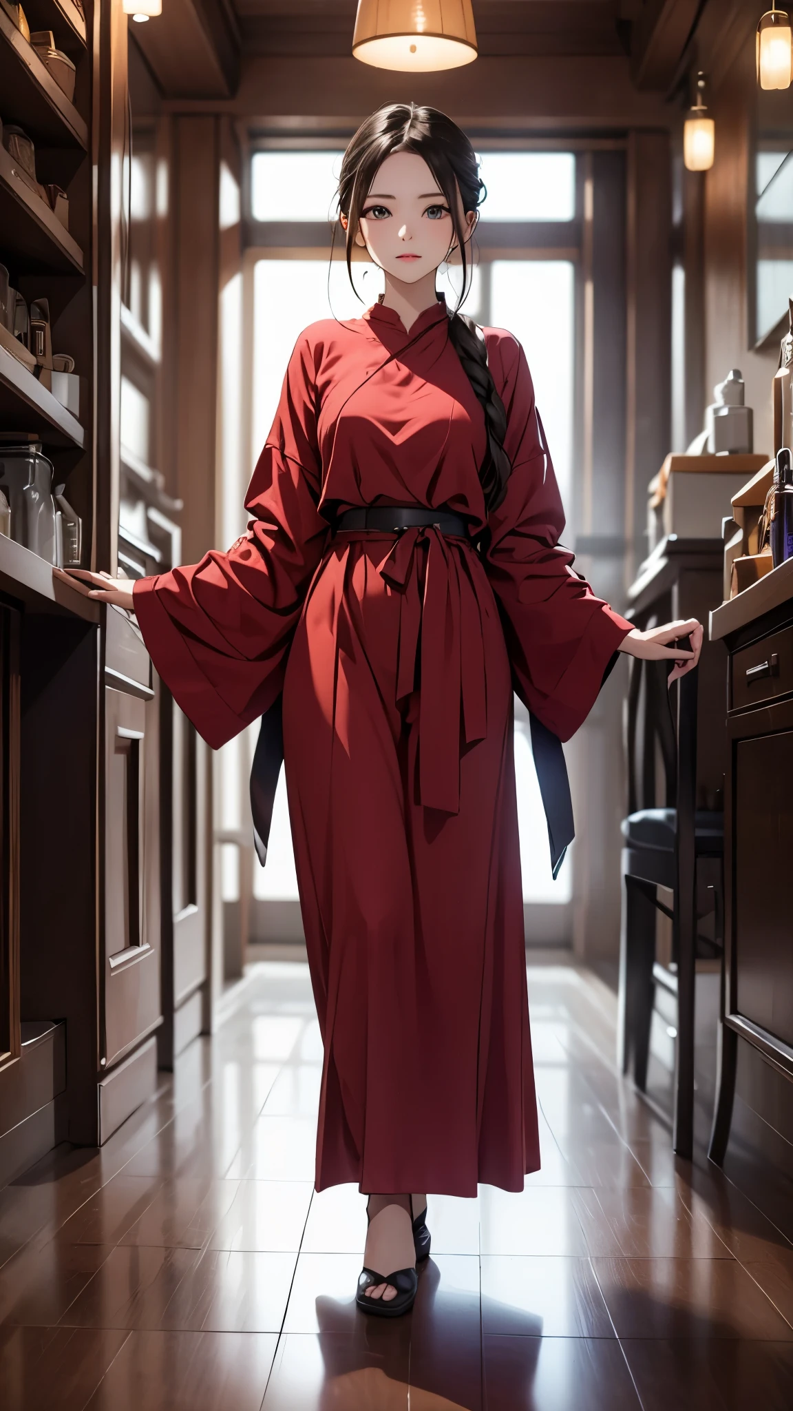 ((Biologically correct number of limbs))、(( Full body photo including face))、4K、((standing position))、masterpiece、((focus on the face))、((Symmetrical facial features))、Eyes with detailed description、Beautiful woman、outstanding style、beautiful arms、beautiful legs、beautiful hands、Detailed depiction of faces、(((National costume)))、The background is the park in the morning、look away、shy look、