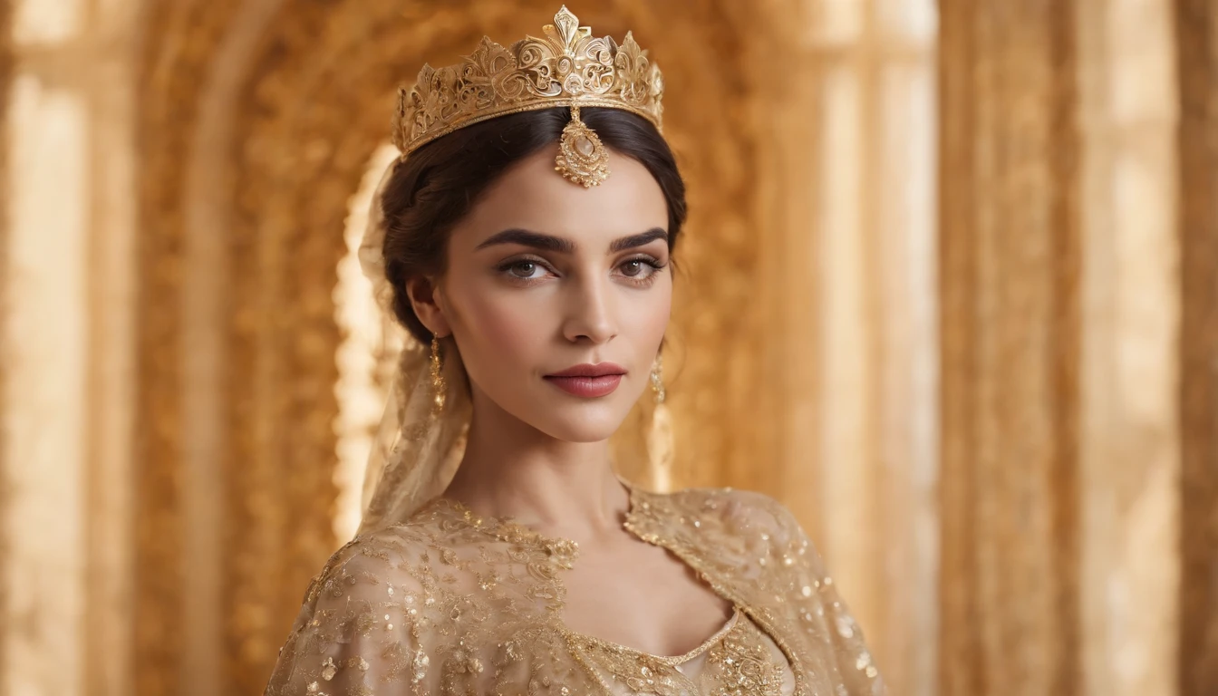 Arabian woman in gold crown and dress on floral background, Baroque Gold Headpiece, Complex gold crown, Super realistic fantasy tiara, Intricate crown, wearing a crown, 金のwearing a crown, Wearing a golden crown, Intricate flower tiara, Wearing a gold crown, ornate crown of gold, lots of merlot, A gorgeous helmet, With crown, fantastic fairy tale