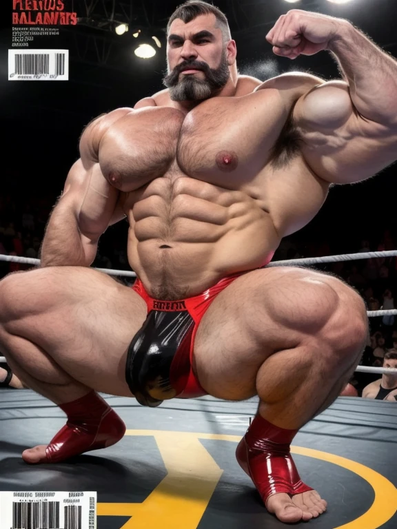 absurderes, hight resolution, 1male people, full body visible (wrestling Magazine covers:1.2), Yaoi(bara) , Stubble,clothes down, matured male, ruggedly handsome face(Zangief), dark eyes, mustache, old face, beefy,thick dark eyebrow, thick eyebrows, Male Focus, designed beard、(wearing red thong), big bulging crotch, big crotch, latex, wrestling uniform, red wrestling singlet, squatting with legs open, crotch in focus, Detailed body,Ultra-detailed eyes,hyperdetailed face,(Gray hair:1.2),(All Back Hair:1.2)、(Very short hair:1.2),(hyper pecs:1.5),Open Claus,(Soft smile:1.2),Perfect ligthing,(flexing biceps:1.2), big dick, dick bulge