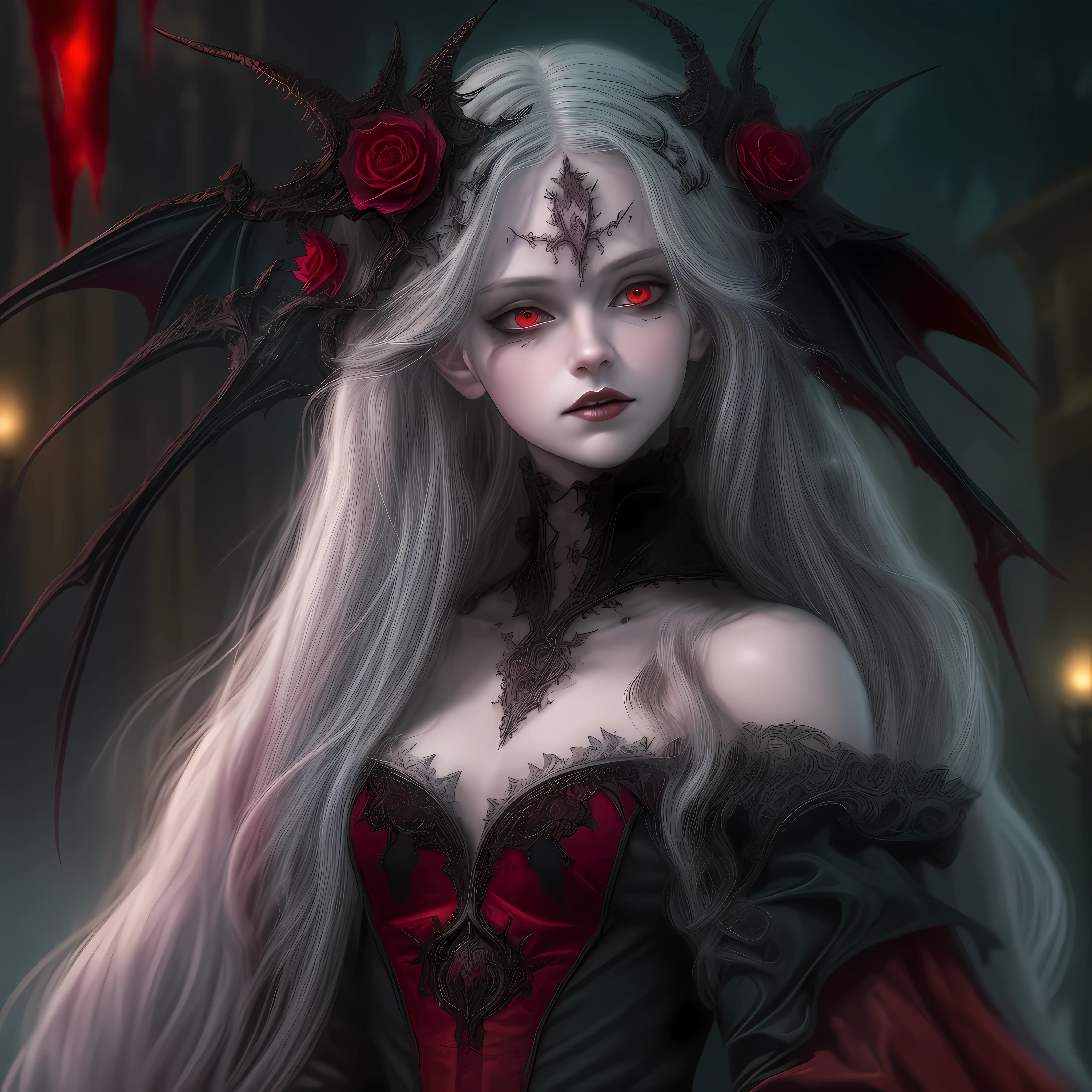 arafed, dark fantasy art, gothic art, (masterpiece:1.5), full body best details, highly detailed, best quality, highres, NeroV2, full body portrait of a vampire, elf (Masterpiece, best quality, ultra feminine: 1.5)  with a long curvy hair, dark color hair, red eyes (fantasy art, Masterpiece, best quality: 1.3), ((beautiful delicate face)), Ultra Detailed Face (intricate details, fantasy art, Masterpiece, best quality: 1.5), [visible vampiric fangs] (intricate details, fantasy art, Masterpiece, best quality: 1.5), [anatomically correct] red cloak, flowing cloak (intense details, fantasy art, Masterpiece, best quality: 1.3), wearing an intricate leather [white] dress (intricate details, gothic art, Masterpiece, best quality: 1.5), high heeled boots, blood dripping on lips, urban background (intense details, beat details), fantasy, at night light, natural ,moon light, soft moon light, moon rays, clouds, gothic atmosphere, gothic street background, bats flying in background, soft light, dynamic light, [[anatomically correct]], high details, best quality, 16k, [ultra detailed], masterpiece, best quality, (extremely detailed), dynamic angle, ultra wide shot, RAW, photorealistic