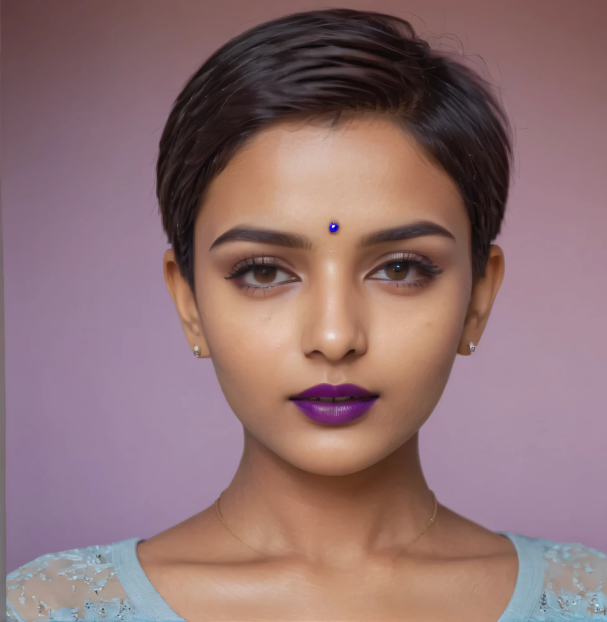 A 20-year-old Indian girl Fashion  female model with short hair. The portrait was shot on a Leica camera with gorgeous lighting and subtle pastel hues. The image is in 8k resolution and features heavy, dark, and prominent purple lipstick.