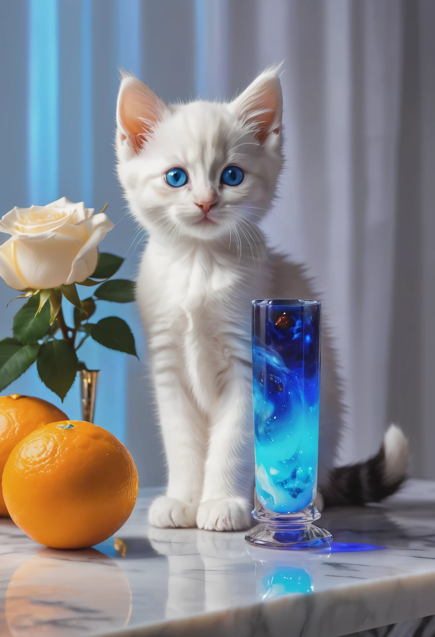  baby kitten, kitten has brilliant blue eyes, (masterpiece, best quality:1.2), sun on a pedestal. oranges on a white marble table, mist in background, 8k, photography style,a clear glass vase with orange bioluminescent fluid in them, on a white marble table, red rubies and emeralds on the table, deep purple velvet drapes, bioluminescent, colorfull, glow, fluid, glowing, Appetizing, professional, culinary, high-resolution, commercial, highly detailed,neon hue, full of color, there are 12 white roses in a marble and gold vase, sunlite background, radiant sunlight, a baby kitten, kitten has brilliant blue eyes, 8k