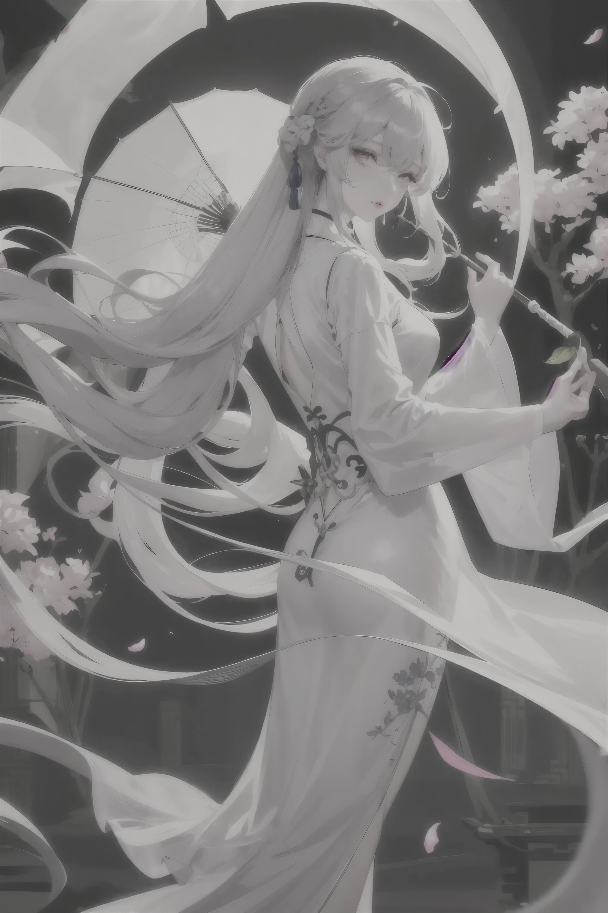 8K masterpiece best night full moon 1 female Chinese style Chinese architecture mature female elder sister silver white long hair woman long hair pale pink lips calm and rational bangs gray pupil assassin umbrella, umbrella, turn around, turn around, turn around, petals dance, delicate face,moon in the background