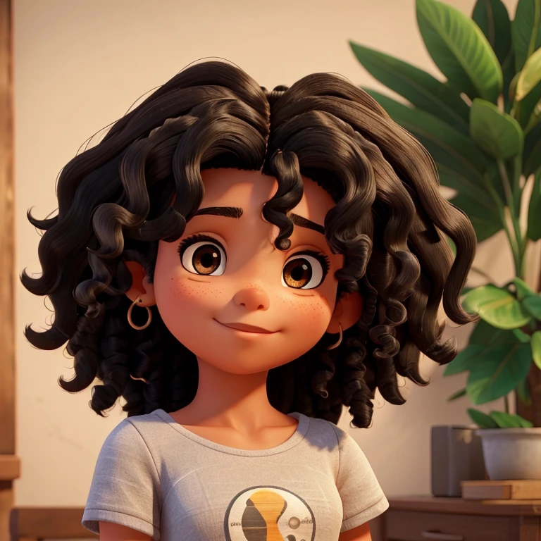 A 16-year-old girl with medium black hair with straight roots and curly ends, indigenous, com a boca pequena