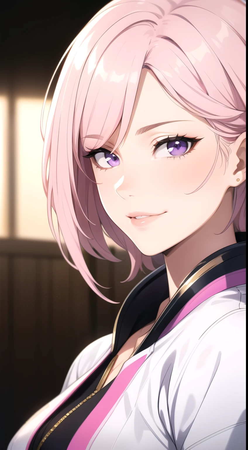 (masterpiece, best quality), intricate details, thin, ((slim)), beautiful girl, Light pink hair, white skin, light purple eyes, sharp jawline, cropped jacket, messy hair, plump lips, upper body, close up, smirk ninja dressing