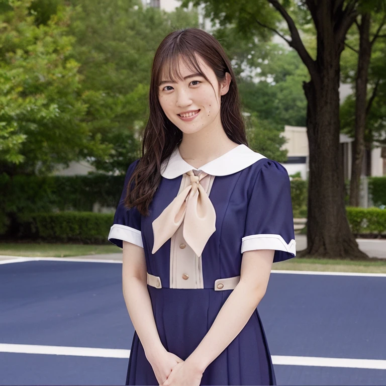 (highest quality,masterpiece:1.3,ultra high resolution),(Super detailed,caustics,8k),(photorealistic:1.4,RAW shooting),25 years old,Japanese,cute,black long straight hair,smile and look down at the camera,big ,Are standing,low position,Low - Angle,face focus,Natural light,(1beautiful girl), outside of house, a gorgeous,Too huge breasts, (full body)