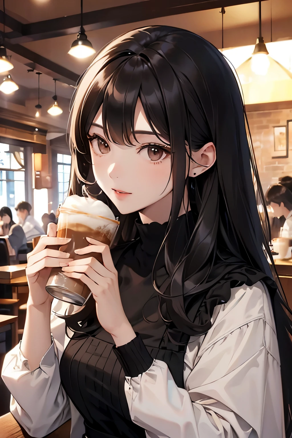 best quality, highres,Slender、brown eyes、tall、black hair、(long hair:1.3),straight hair、(Cafe:1.4)、black knit、7 life size