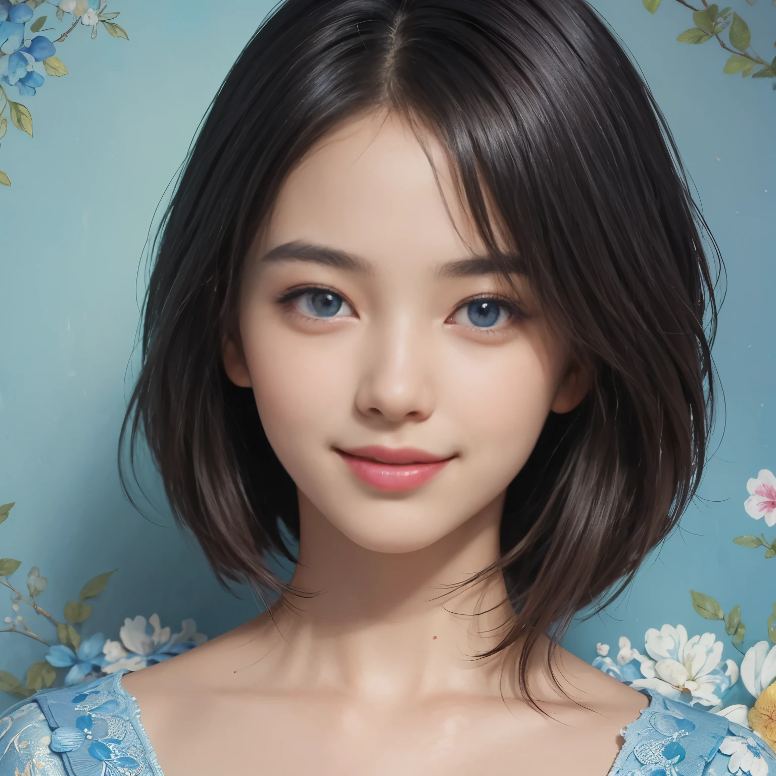 (A hyper-realistic), (illustration), (hight resolution), (8K), (highly detailed), (The best illustrations), (detailed face), (beautiful detailed eyes), (top-quality), (masterpiece), (wall-paper), Upper body close-up, short hair,inner colored, solo, Girl in simple blue underwear, plump breasts, smile