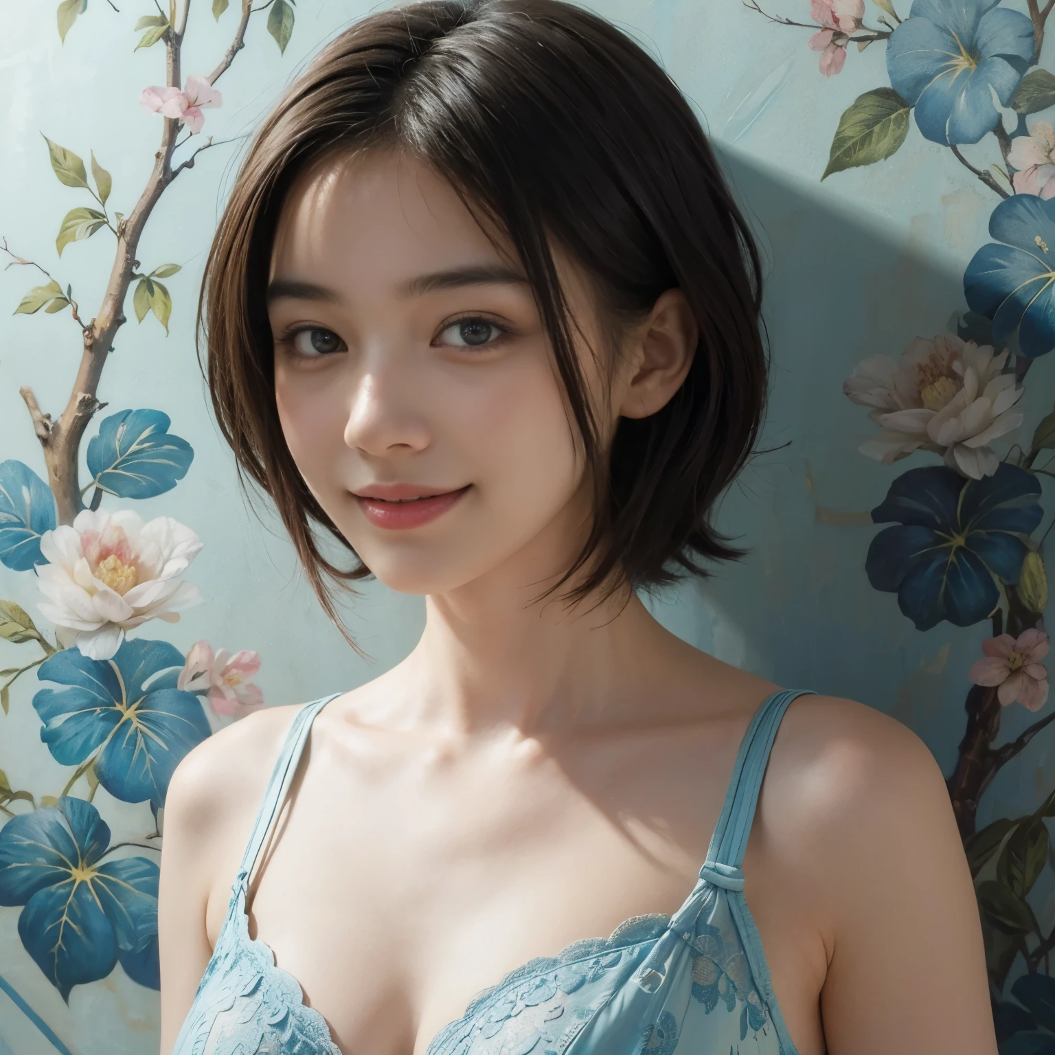 (A hyper-realistic), (illustration), (hight resolution), (8K), (highly detailed), (The best illustrations), (detailed face), (beautiful detailed eyes), (top-quality), (​masterpiece), (wall-paper), Upper body close-up, short hair,inner colored, solo, Girl in simple blue underwear, plump breasts, smile