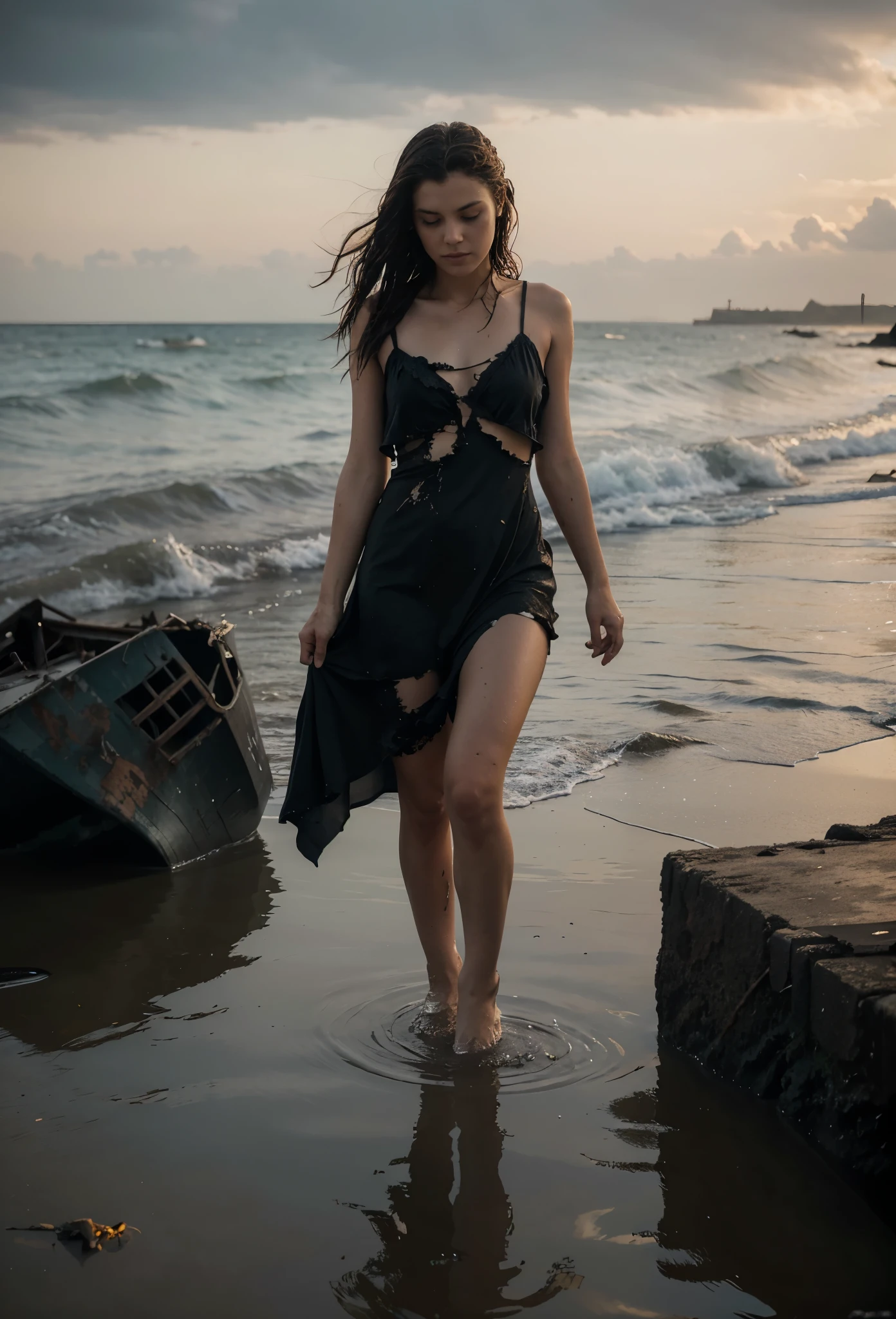 reference sheet: 1.8, great details, high quality, masterful work, a beautiful girl walks along the surface of the water at dusk, gloomy atmosphere, wet dress, gloomy background, River, stones, Dry trees, girl in a wet dress, Barefoot, bare legs, got lost, girl in search, in a torn dress, torn clothes, torn fabric, pieces of cloth, came ashore after a shipwreck, shipwrecks float in the distance, wounds and abrasions on the body, идет и limps, in search of accommodation and food, a seriously wounded girl in scraps of dress and torn fabric, holds the wet hem of her dress with one hand, wounded body, seriously wounded girl can barely walk, blood из раны, blood, twilight, sunny goes beyond the horizon, it's getting dark , limps, low horizon