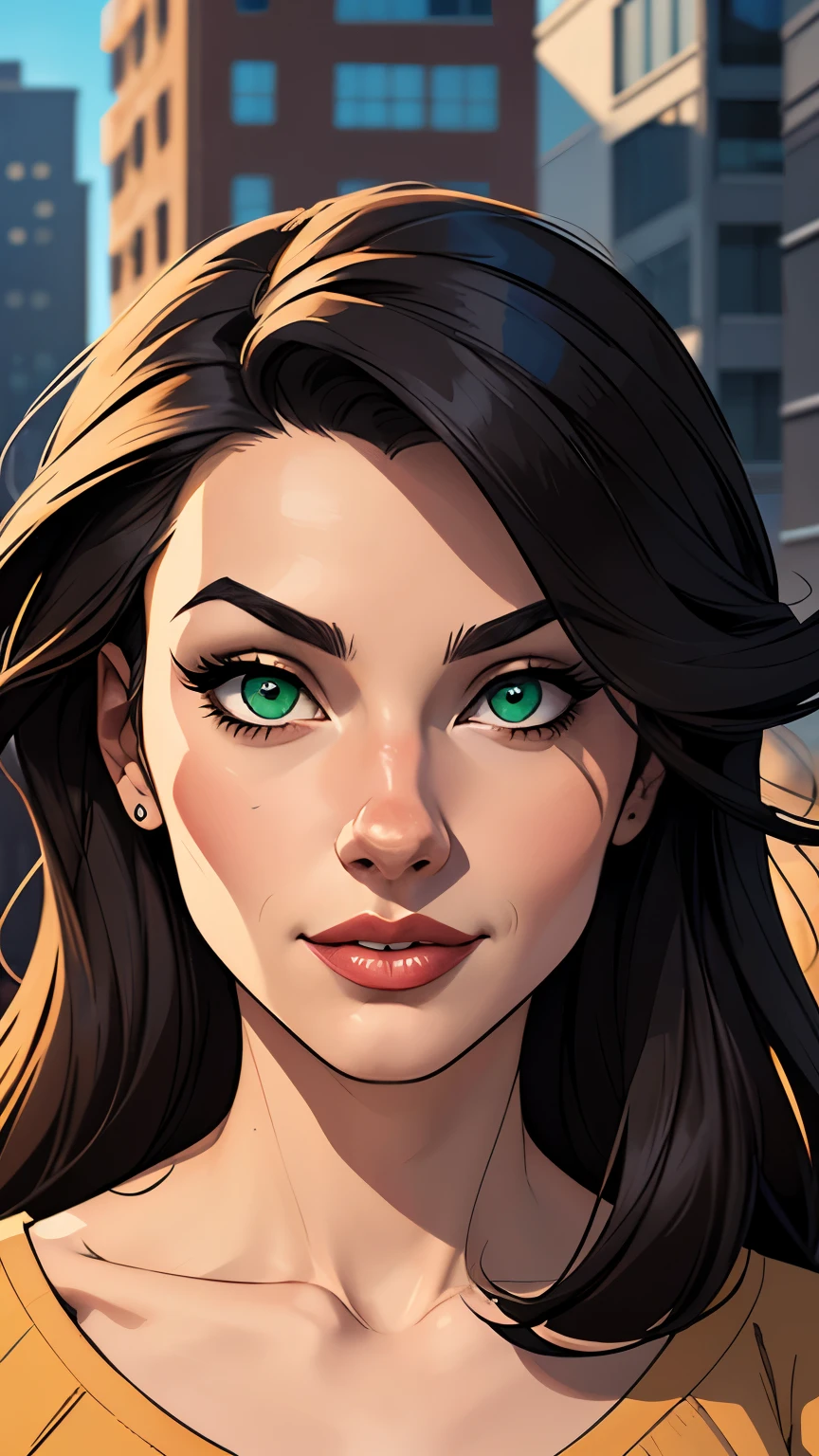 Imagem de desenho animado de uma mulher .cartoon style illustration, estilo de arte dos desenhos animados, estilo de arte dos desenhos animados, digital illustration style, design de personagens altamente detalhado, arte digital detalhada fofa, City fan art, Design de personagens de retrato, beautiful digital illustration, retrato de alta qualidade, Arte em quadrinhos, mulher jovem. Green eyes Average buso and wonderful vampirella