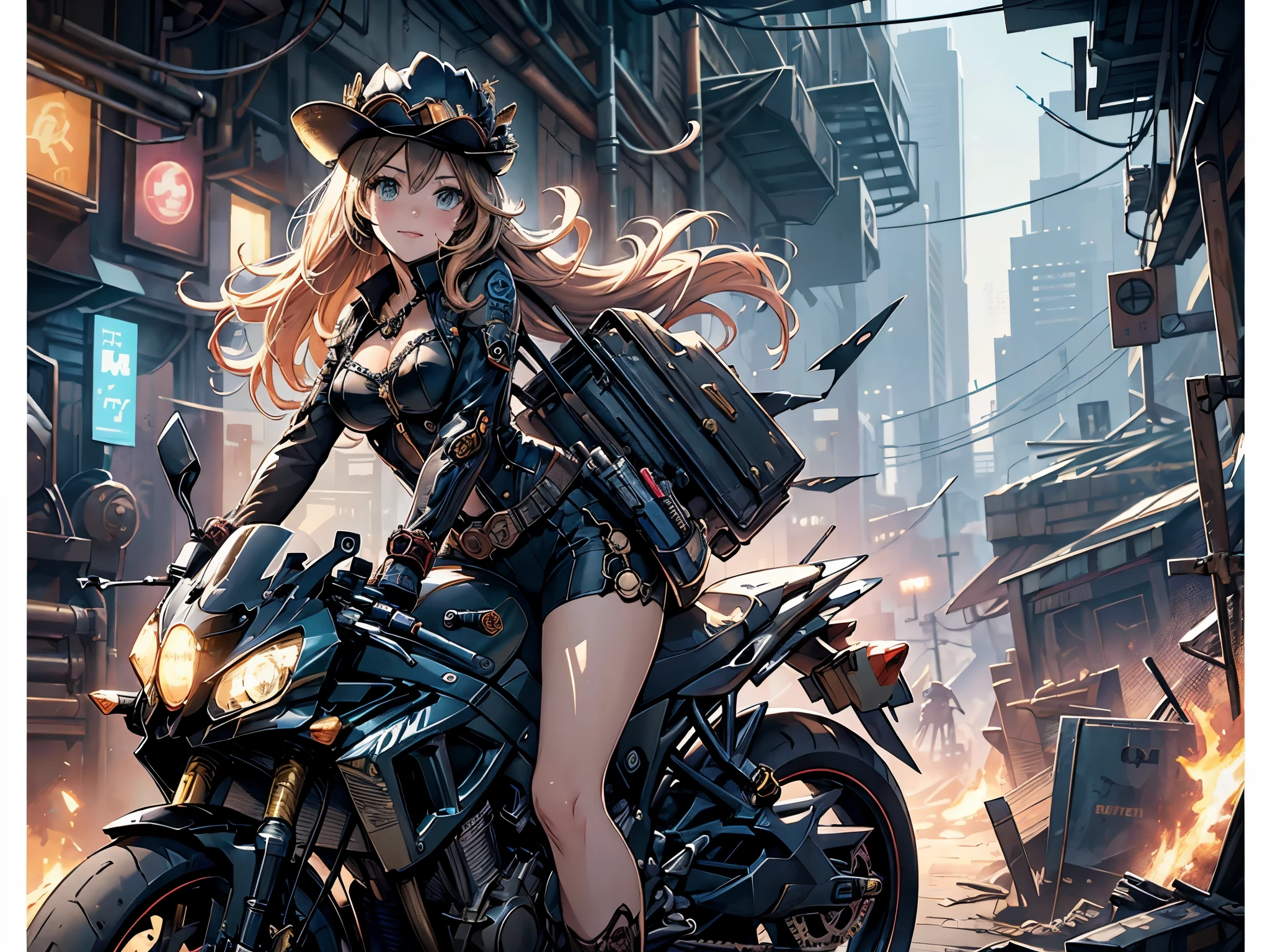 (comic book style),(line drawing_anime),(cowboy shot, highest quality, ),(Laura Budd Photos:1.2),(Laura Add Details:1.0),8K, flat color:0.8,dynamic angle,1 girl,smile、(Steampunk bike ride 1.5)、Exquisitely decorated motorcycle、(Highly decorative and complex mechanical steampunk fashion, lace flare dolphin hat、goggles 1.5、machinery background、Gear background、Intricately mechanized steampunk cityscape 1.5),