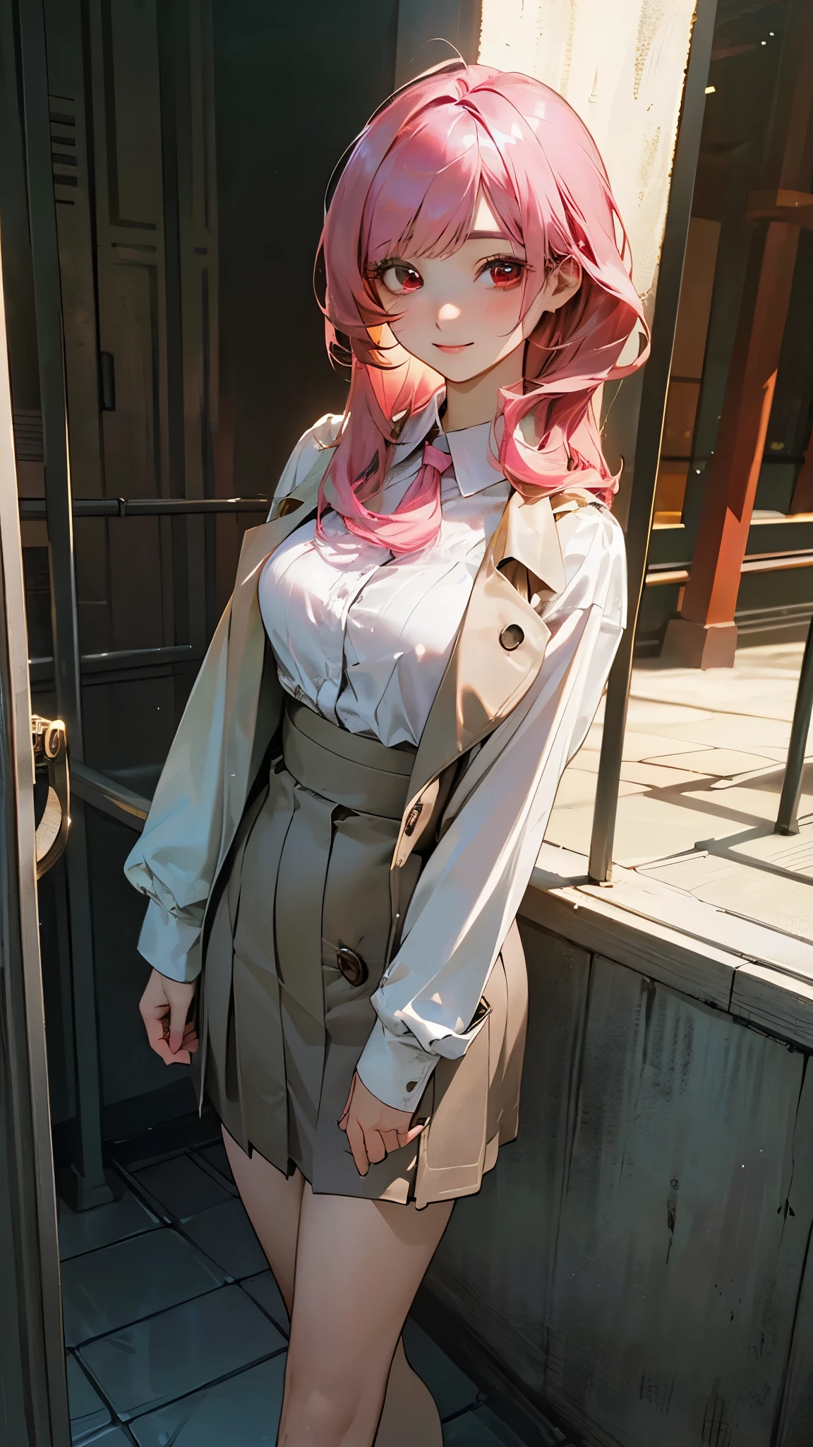 （tmasterpiece，best qualtiy）， high high quality，（（a matural female）），Fuchsia hair， absurderes， A high resolution， ultra - detailed， iintricate， Beutiful women,makima，  Bodybuilding，white  shirt ，（（office  lady）） ，transparent costume， high-waist pants，  Golden eyes， hair between eye