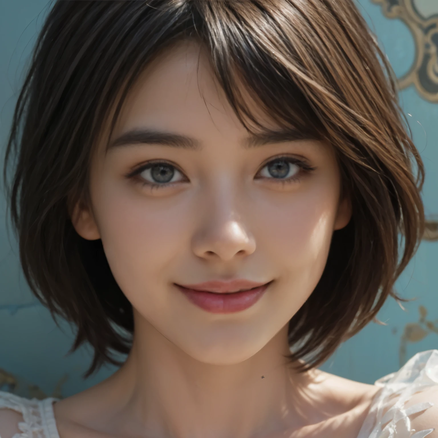 (A hyper-realistic), (illustration), (hight resolution), (8K), (highly detailed), (The best illustrations), (detailed face), (beautiful detailed eyes), (top-quality), (​masterpiece), (wall-paper), Upper body close-up, short hair,inner colored, solo, Girl in simple blue underwear, plump breasts, smile