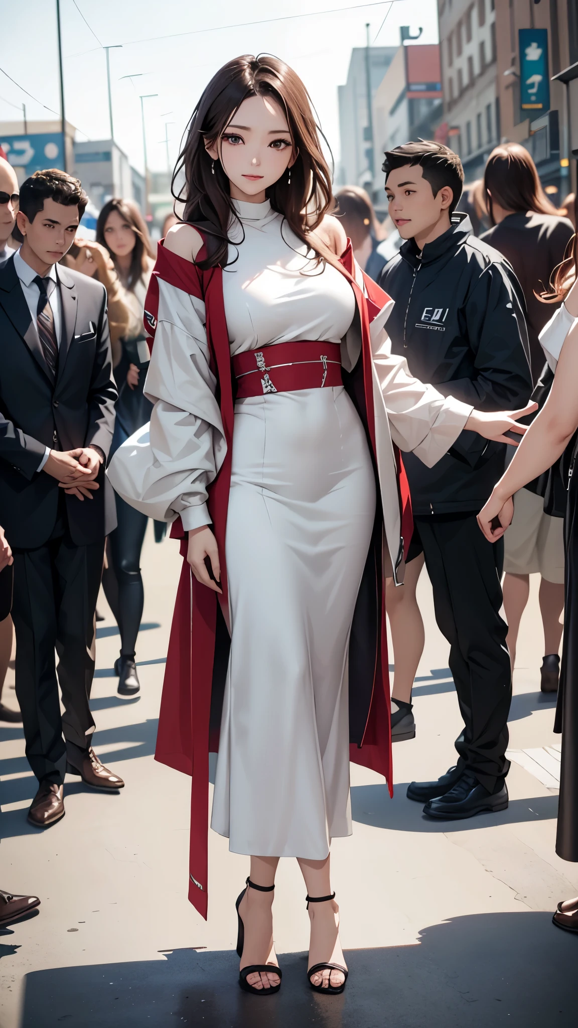((Biologically correct number of limbs))、(( Full body photo including face))、4K、((standing position))、masterpiece、((focus on the face))、((Symmetrical facial features))、Eyes with detailed description、Beautiful woman、outstanding style、beautiful arms、beautiful legs、beautiful hands、Detailed depiction of faces、(((National costume)))、The background is the park in the morning、look away、shy look、