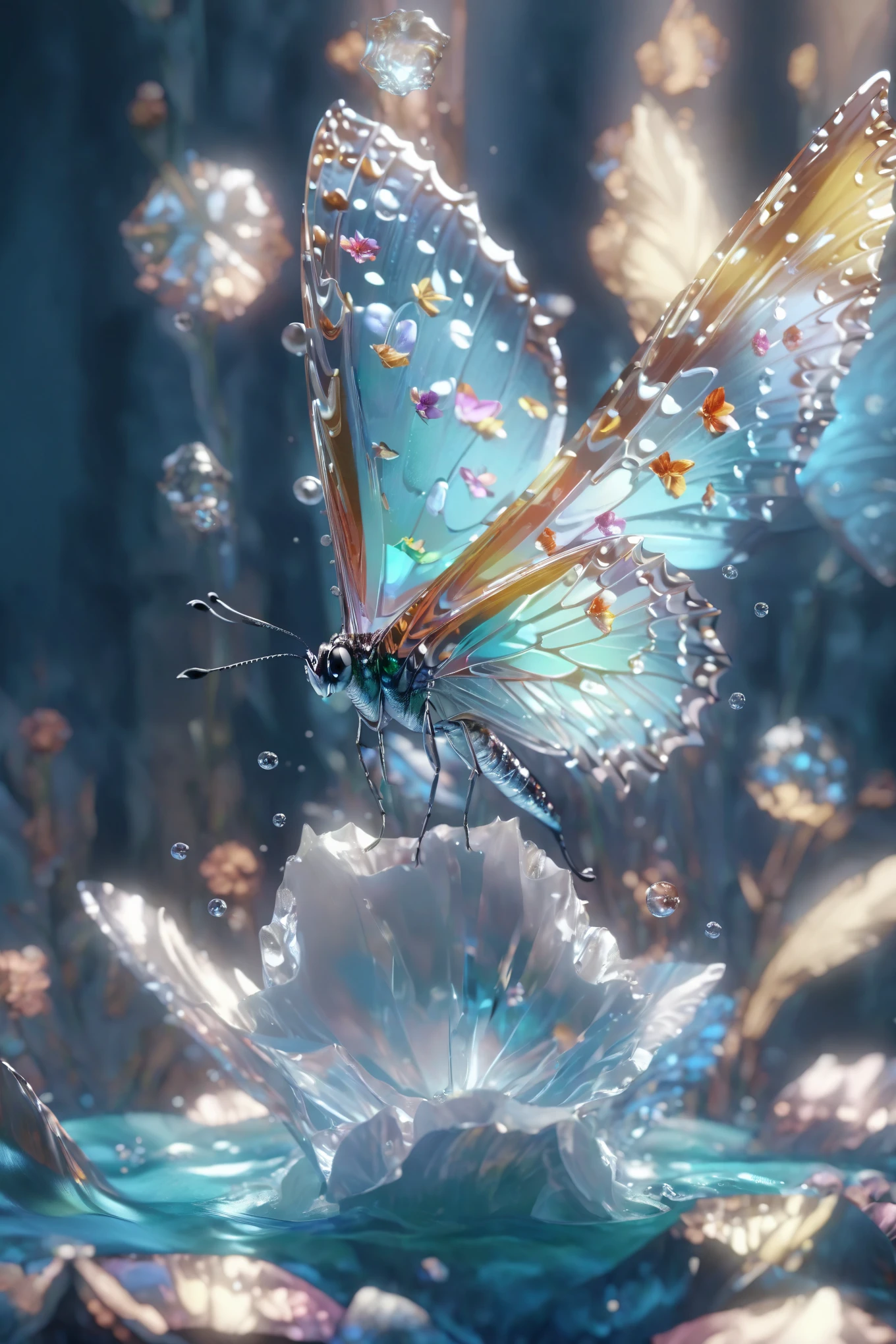 A butterfly perched on a water flower, 4k highly detailed digital art, 3D digital art 4k, Beautiful digital artwork, Detailed digital 3D art, 3 d render bipur, 🌺 CG society, 3d rendering digital art, Beautiful composition 3-D 4K, bipur. Surrealism，Ultra clear butterfly