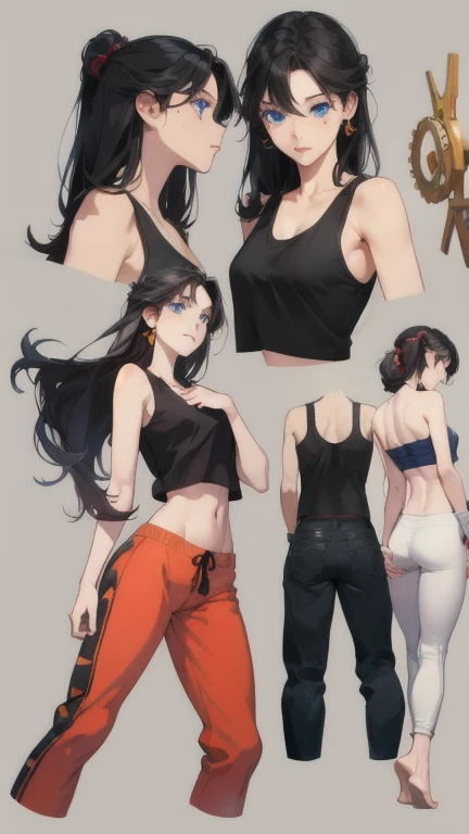 Masterpiece,Best quality, Perfect lighting,extremaly detailed cg,unified,8K wallpapers, Detailed face, CharacterDesignSheet，perfectly proportions，character  design（reference sheet：1.5）, model sheet, (multiple views [full bodyesbian|From behind|From the side Side|from the front side|Close-up|Upper body|Portrait]:1) anime babe ，The upper part of the body，Beautiful facial features，Beautiful face，peach skin，Glowing red，（Red eyeshadow，largeeyes，blue eyes，In the glow：1.5），（long black hair, heads：1.2），exaggeration，long hairstyles , black tank top crop top, grey sweat pants（The neck of the mechanism，Mechanical hands on chest：1.5），Semi-mechanical normal legs，simplebackground，with black background