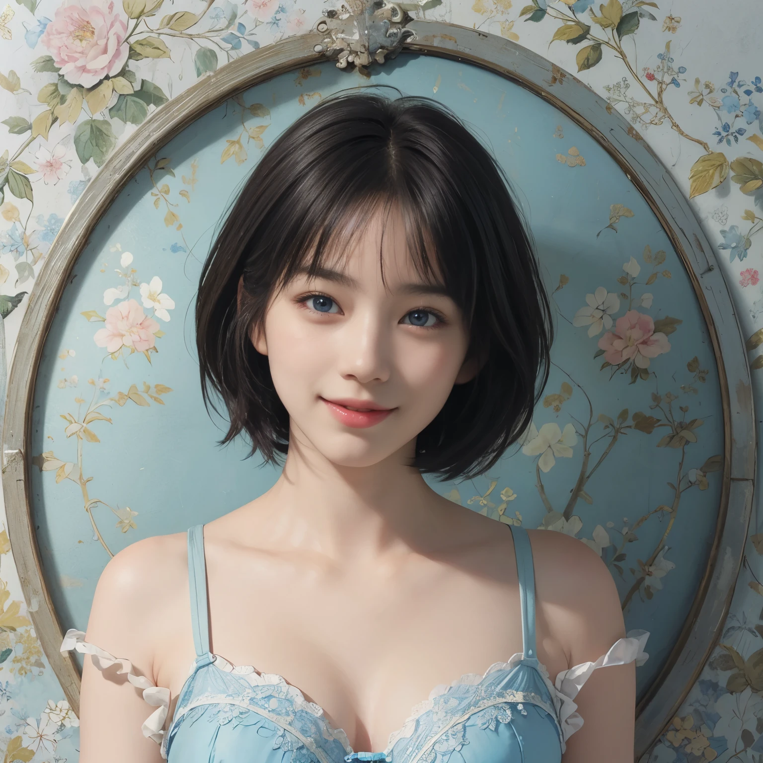 (A hyper-realistic), (illustration), (hight resolution), (8K), (highly detailed), (The best illustrations), (detailed face), (beautiful detailed eyes), (top-quality), (​masterpiece), (wall-paper), Upper body close-up, short hair,inner colored, solo, Girl in simple blue underwear, plump breasts, smile