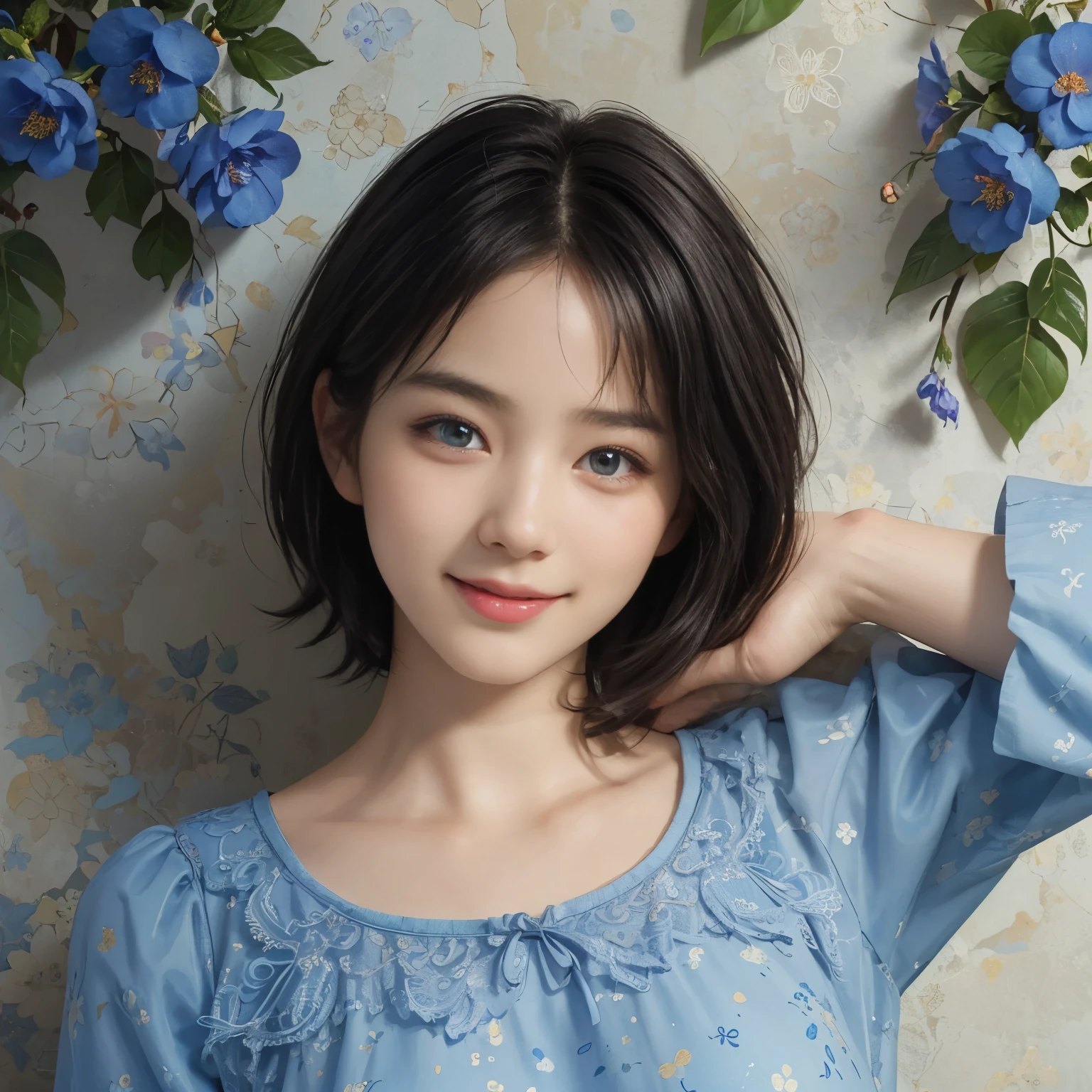 (A hyper-realistic), (illustration), (hight resolution), (8K), (highly detailed), (The best illustrations), (detailed face), (beautiful detailed eyes), (top-quality), (​masterpiece), (wall-paper), Upper body close-up, short hair,inner colored, solo, Girl in simple blue underwear, plump breasts, smile