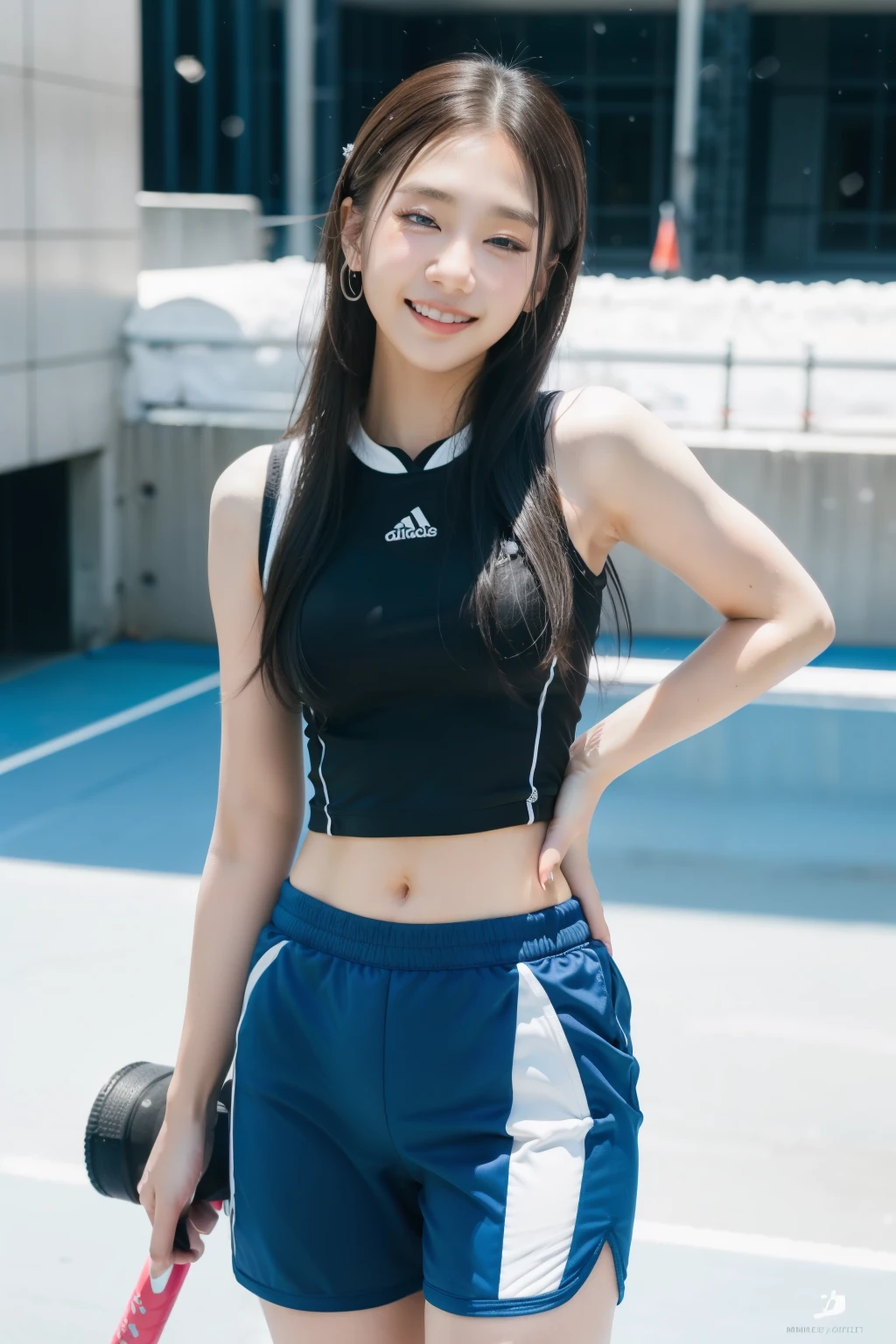 ((Masterpiece, best quality, Ultra high resolution)), (((Girl in Japanese gym uniform, Blue Japanese women's exercise shorts, stand confidently, wear tennis racket))), (((black hair, dark black hair))), long hair cut, Pale skin, ((brown eyes)), glow_eyes, neon eyes, (ultra detailed eyes:0.7, ใบหน้าที่beautifulงามและละเอียด, detailed eyes:0.9), ((in the middle)), ((cute smile, beautiful)), Facing the audience, eye level, ((vibrant background, snowy landscape, city scenery, It's snowing)), Flat chest, look at viewer, ((half closed eyes)), ((perfect hand)), (((head:1, arm, hip, elbow, in view))), ((hands behind)), empty eyes, แสงที่beautifulงาม, outside, outdoor, background, designated matter, 18 years old, (head tilt)