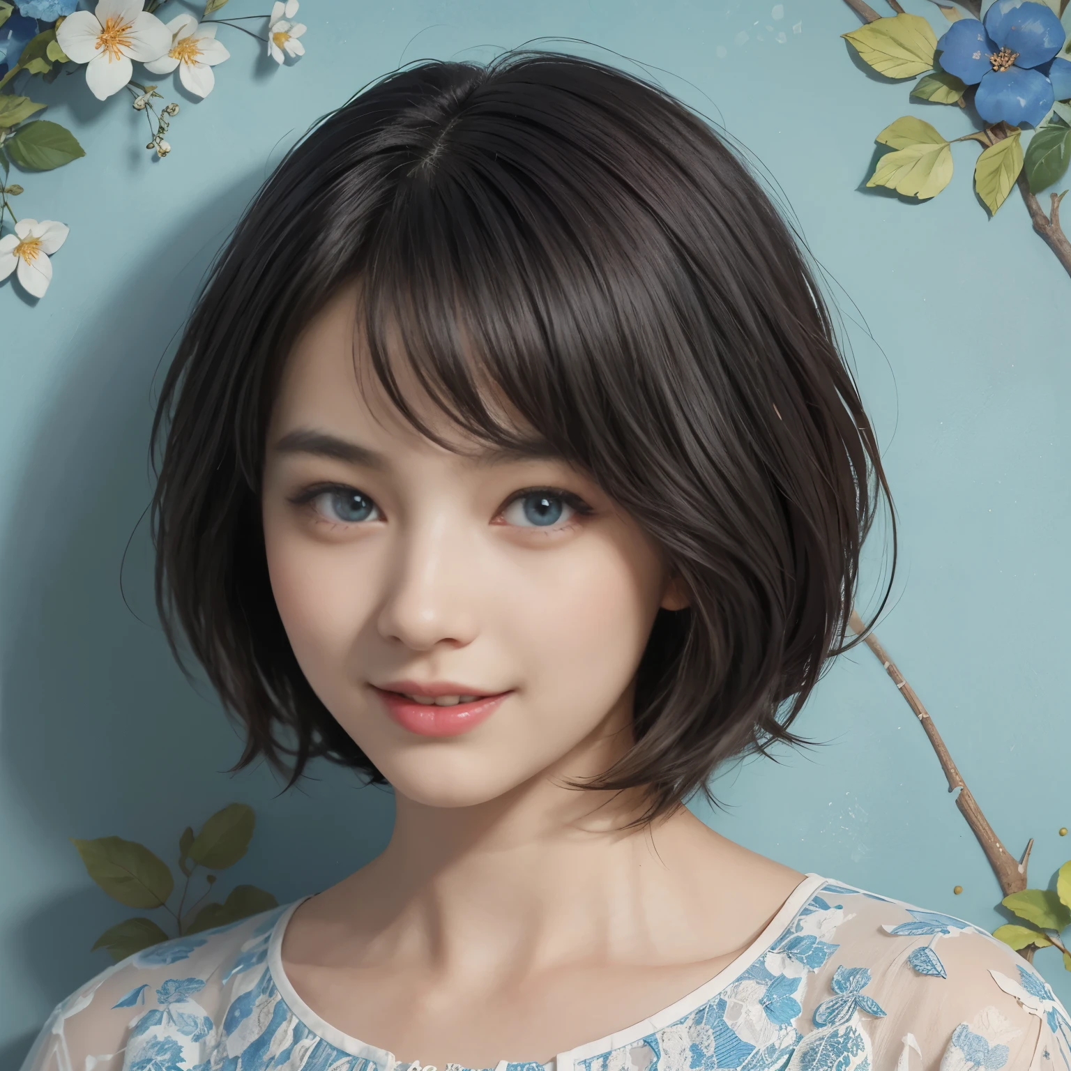 (A hyper-realistic), (illustration), (hight resolution), (8K), (highly detailed), (The best illustrations), (detailed face), (beautiful detailed eyes), (top-quality), (masterpiece), (wall-paper), Upper body close-up, short hair,inner colored, solo, Girl in simple blue underwear, plump breasts, smile