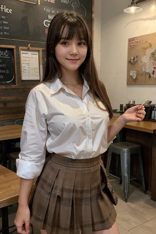 masterpiece, 1girl, 16 year old, beautiful bangs, full body image, wearing a skirt and a shirt, at the coffee shop, photo from phone, casual photo, beautiful eyes, beautiful facial structure, realistic, smiling, cute, asian