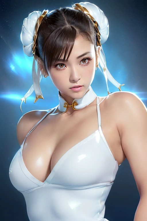 RAW photo, ((((extreme beauty portrait))), Upper body, Shiny balls on cheeks, (Sakura Haruno), (((Shiny white glossy skin)), One, 17 year old beautiful girl, Chun-Li in Fight II, perfect chun li costume,blue cheongsam with gold lines,Bun head, fighting pose,masterpiece、1 beautiful girl、fine eyes、puffy eyes、highest quality, 超High resolution, (reality: 1.4), asian beauty、super beautiful、beautiful skin、body turns forward、close up of face、(超reality的な)、(High resolution)、(8K)、(very detailed)、(美しくfine eyes)、(Super detailed)、 (wall-)、looking at the viewer、look straight ahead、slanted bangs, masterpiece, highest quality, masterpiece, highest quality, perfect face, perfect brown eyes with white sclera, Bad move - 5, alone, 1 girl, Upper body, brown hair, From SF2, smile, muscular woman, blue clothes, pantyhose, pelvic curtain, Plump short sleeves, Good cover, sash, evaluation:safety, (smile),