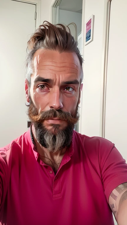 trimmed man with a beard and a pink shirt taking a selfie, hommes de 45 ans, homme de 4 0 ans, Gui Guimaraes, alexandros pyromallis, Photographie selfie 8k, selfie d'un homme, homme de 5 0 ans, thierry doizon, Vincent Maréchal, Georges Doutsiopoulos, 38 ans
