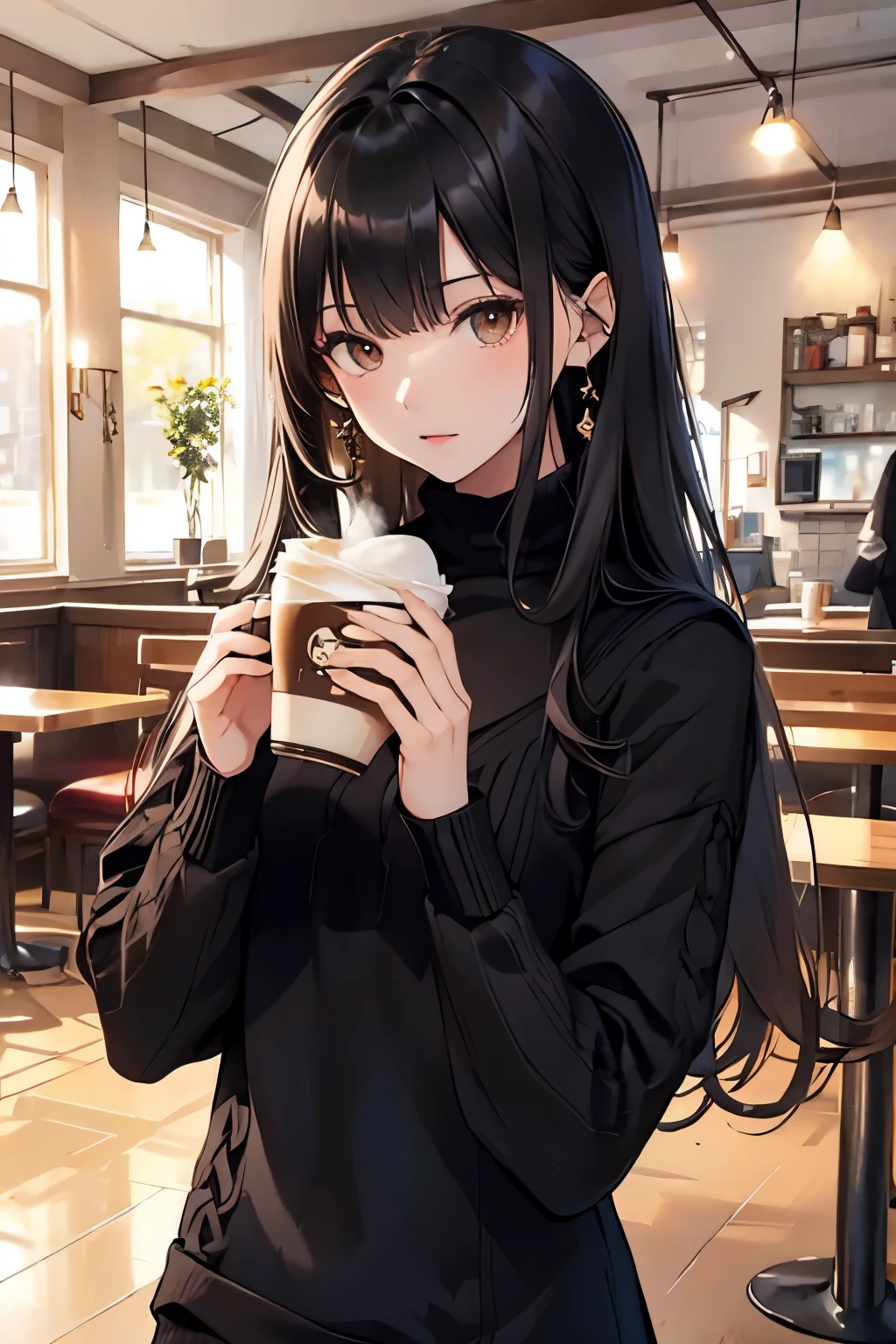 best quality, highres,Slender、brown eyes、tall、black hair、(long hair:1.3),straight hair、(Cafe:1.4)、(black knit:1.6)、(black clothes:1.6)、7 life size