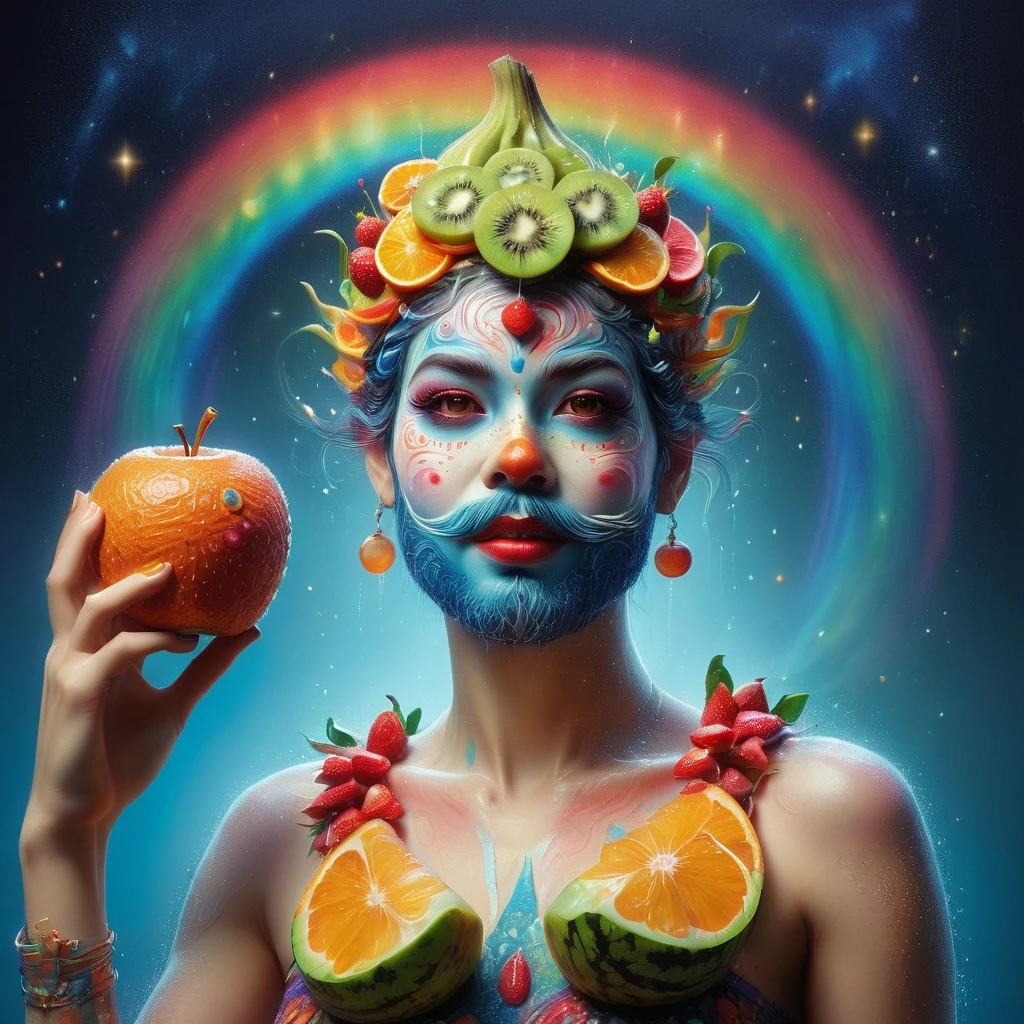 Imaginative depictions of characters made entirely of fruit pulp,The character is standing upright in a casual pose,Maybe one hand holding an apple,Body made of orange,watermelon,kiwi,Strawberries and other colorful fruit slices,A rainbow-like mosaic effect,The face is detailed and expressive,Elegantly shaped with tangerine peel and blueberry eyes,(The background depicts a convenience store at midnight:1.8),(Bathed in the grey fog of the quiet night), (master level:1.2), Super details, Realistic, (Photorealism:1.3), first-person view, UHD, masterpiece, ccurate, anatomically correct, super detail, best quality, 8k