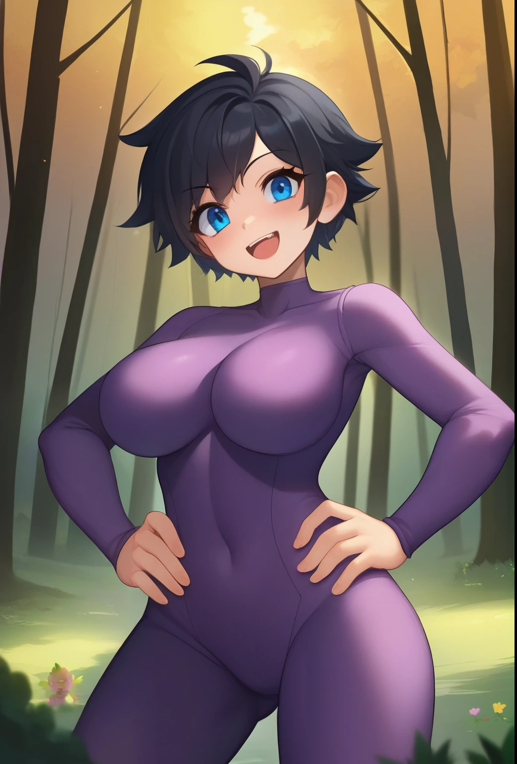 score_9, score_8_superior, score_7_superior, evaluation_Safety, alone, 1 girl,looking at the viewer,Purple bodysuit, big breasts.short hair,spike hair,boyish hair,black hair,blue eyes,blush,videl,forest,smirk,Standing,open your mouth wide,shy,Looks happy,smile,Standing,put your hands on your hips,