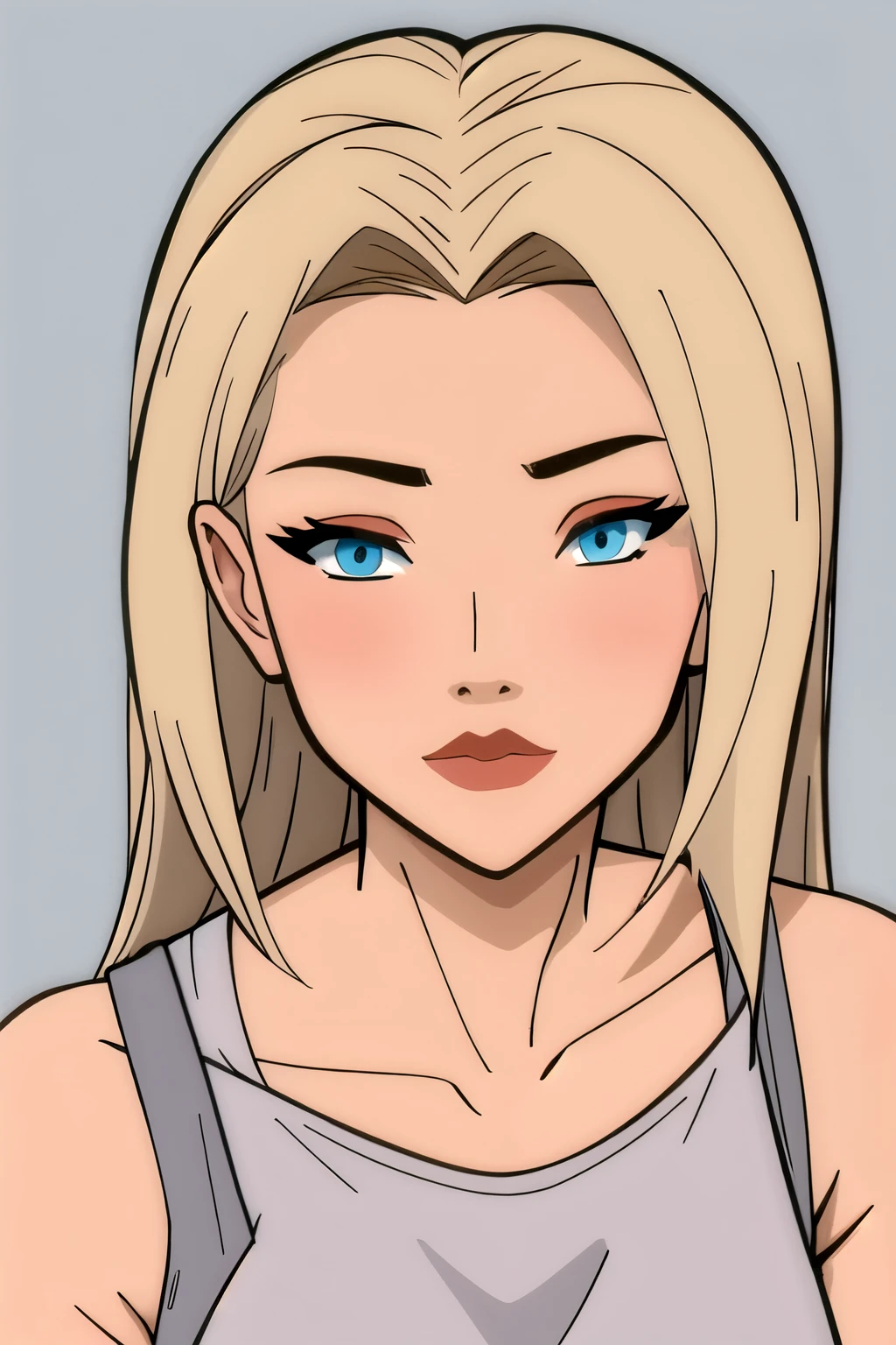 
Flat colors,close-up, portrait,  of a 25 year old surfer looking girl, tan skin, ([blue eyes]) Beach blonde salty hair, natural beaty, beautiful, casual, blue tank top, masterpiece, (([Simple grey background]))

