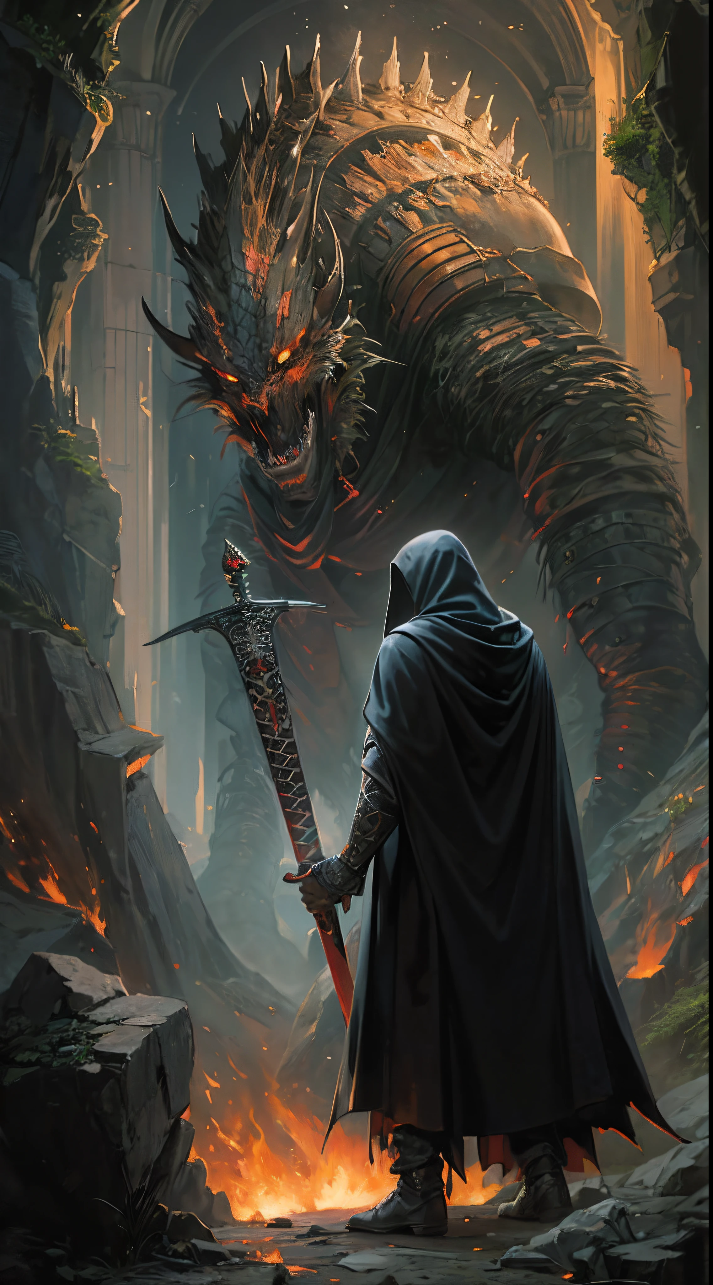 ultra detallado, beautiful and aesthetic, Beautiful, obra maestra , misterio , atmospheric , genial , sobrenatural , La mejor calidad , cueva , 1 hombre , 1 demonic monster , monstruo muy grande , Hombre matando monstruo , The man has a long black hooded robe , He can use magic , El monstruo tiene un cuerno muy grande , Monstruo respira hacer fuego ,  El hombre tiene una gran espada brillante , fantasy sword , 4 Little monster around the big monster , Magma alrededor del campo de batalla , The battlefield is in Cavern , Toda la cuevaa en llamas , La espada del hombre brilla , Acantilado de mayo y roca en Caverna , Caverna en llamas , (Caverna ultra detallada) , (Magma ultra detallado) , (Cara de hombre ultra detallada) , (Espada ultra detallada) , (Monstruo ultra detallado)