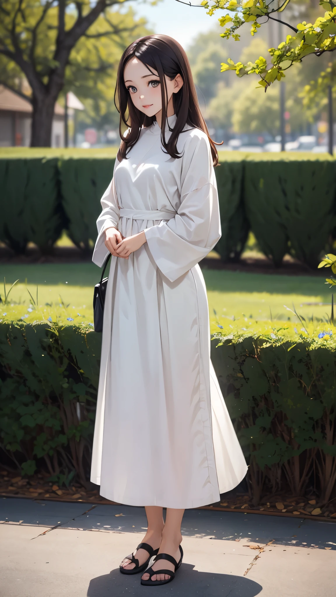 ((Biologically correct number of limbs))、(( Full body photo including face))、4K、((standing position))、masterpiece、((focus on the face))、((Symmetrical facial features))、Eyes with detailed description、Beautiful woman、outstanding style、beautiful arms、beautiful legs、beautiful hands、Detailed depiction of faces、(((National costume)))、The background is the park in the morning、look away、shy look、