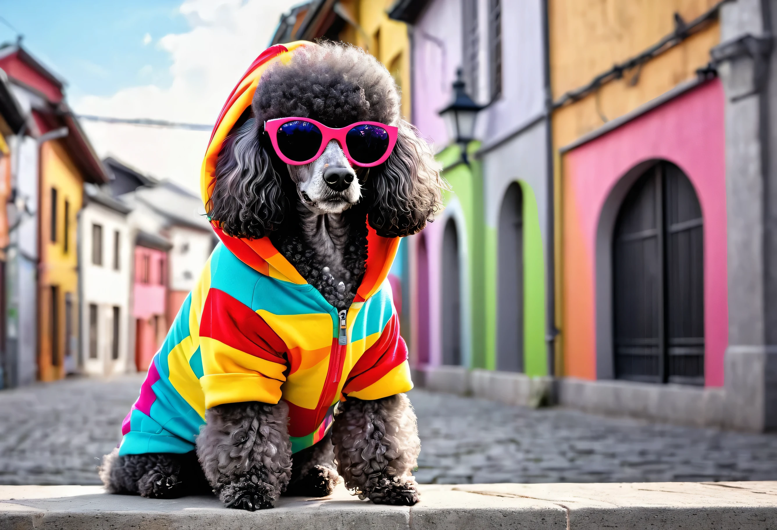 A poodle wearing colorful glasses and a colorful, stylish hoodie, whole body、animal pictures, Vivid cartoon art, very high quality artwork, pop art, colourful artwork, mixed art styles, urban art style, art style, maximalist, Large colorful images, cute style, art style, High quality glossy art, High Resolution Art,Walking in front of the museum in the old town、airbrush