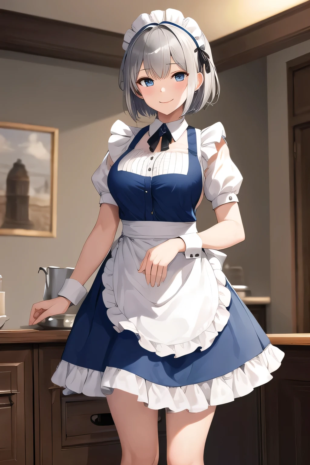 masterpiece, highest quality, High resolution, 1 girl, gray hair, short hair, blue eyes, medium breasts, indoors, maid headdress, maid, maid apron, wrist cuffs, smile, Put your own hands together, smile,
