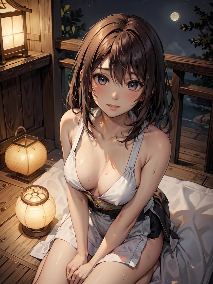 master piece,best quality,ultra detailed,8k,
ambient light,realistic skin,glossy skin,
（YunaFF10）、（lie on bed）、（looking up）、（from above）、the body is very wet、chest is transparent、glossy lips、Slightly emphasize the lower lip、blush、Troubled smile、beautiful breasts、
fantastic night sky、full moon、horizon、open-air bath、Japanese inn