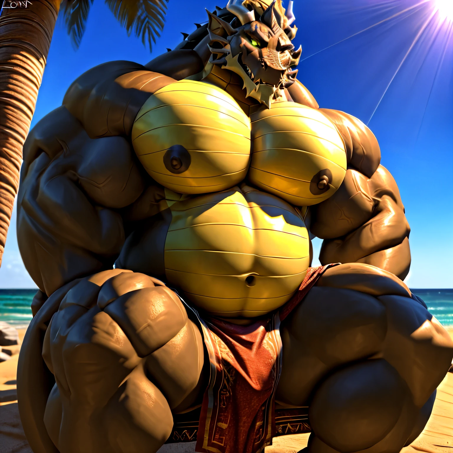 shendu, eastern dragon king, male dragon, eastern dragon,hefty body, with very big muscles, hulking, huge, colossal body, extremely strong, big abdominal muscles, hefty musclegut, pecs, Strong and robust musclegut , prominent muscle abs, sharp claws, legs, feet, full body, loincloth, HDR, nipples, sunlight, daylight, outdoor, bright , at noon, good weather, 4k, best quality .