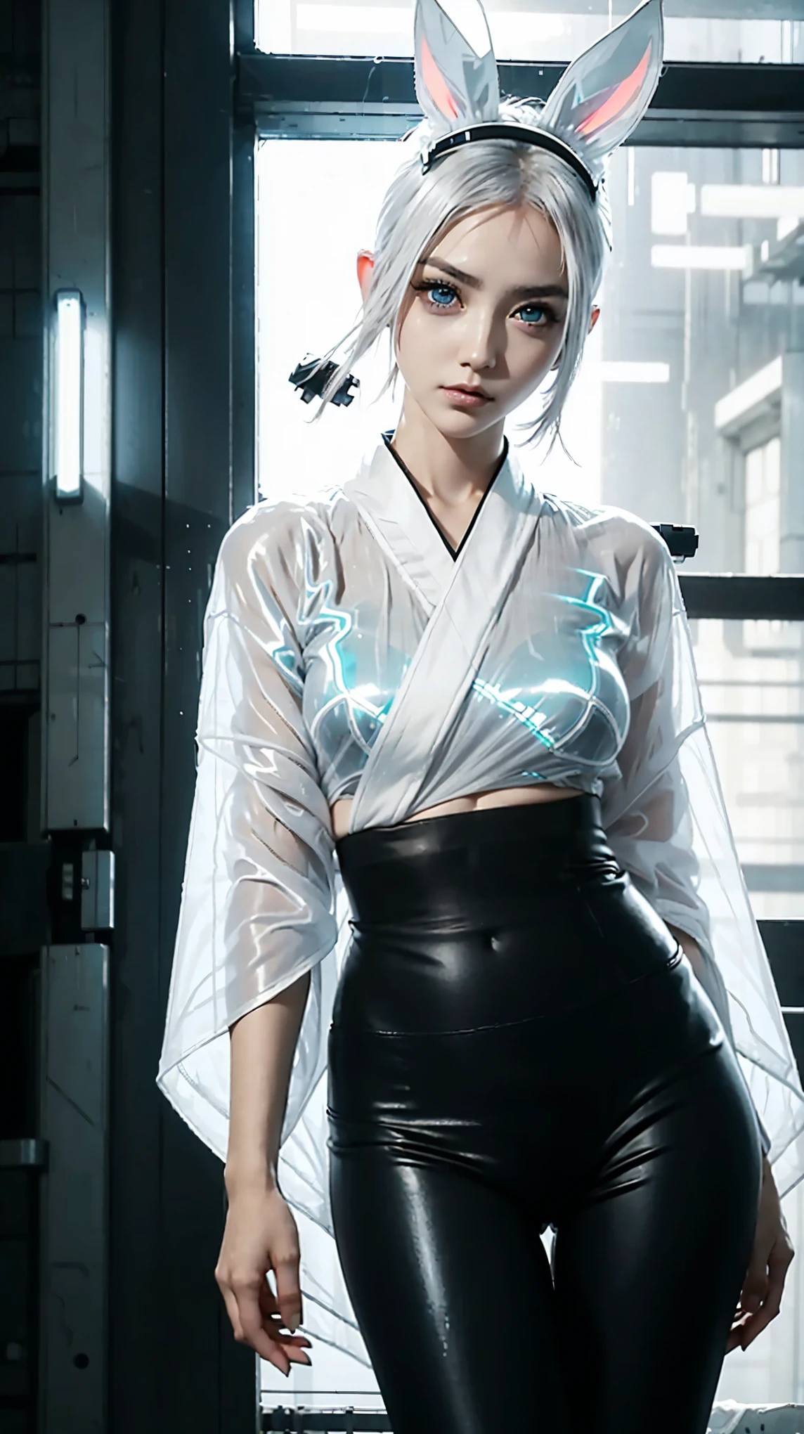Best Quality, Realistic, Futuristic wear design, smooth white structure creating curves,design suggesting flexibility,monochromatic color scheme emitting serenity,surface softly reflecting light,minimalism,simple yet impactful sculptural beauty,spirit of modernism,sculptural elements as visual art,fusion of advanced technology and nature,photorealistic rendering,, (1girl, all body shot:1.4), (white Cyber bunny-girl-eared, cyberpunk kimono:1.5), (translucent, glossy fabric:1.3), (low-rise Leggings:1.3), (sheer, kimono-style top:1.5), monochrome palette, sleek lines, futuristic adornments, high-tech accessories, (neon accents:1.2), minimalist design, harmonious fusion, bold simplicity, serene expression, cybernetic enhancements, striking elegance, /// /// BREAK (ash-gray short hair, Droopy eyes, light Droopy eyebrows:1.3), making her blue eyes shine even brighter, well-defined face line and cute, huge eyes, accentuating her radiant white skin, (in a concrete, Realistic black Shadowv, Realistic lightning:1.3), BREAK Incredibly slim waist, Upward-facing medium and perky nipples, with disproportionately medium breasts, and rounded medium buttocks, exuding a sculptural beauty, looking viewer, meat stuck to the clothing,