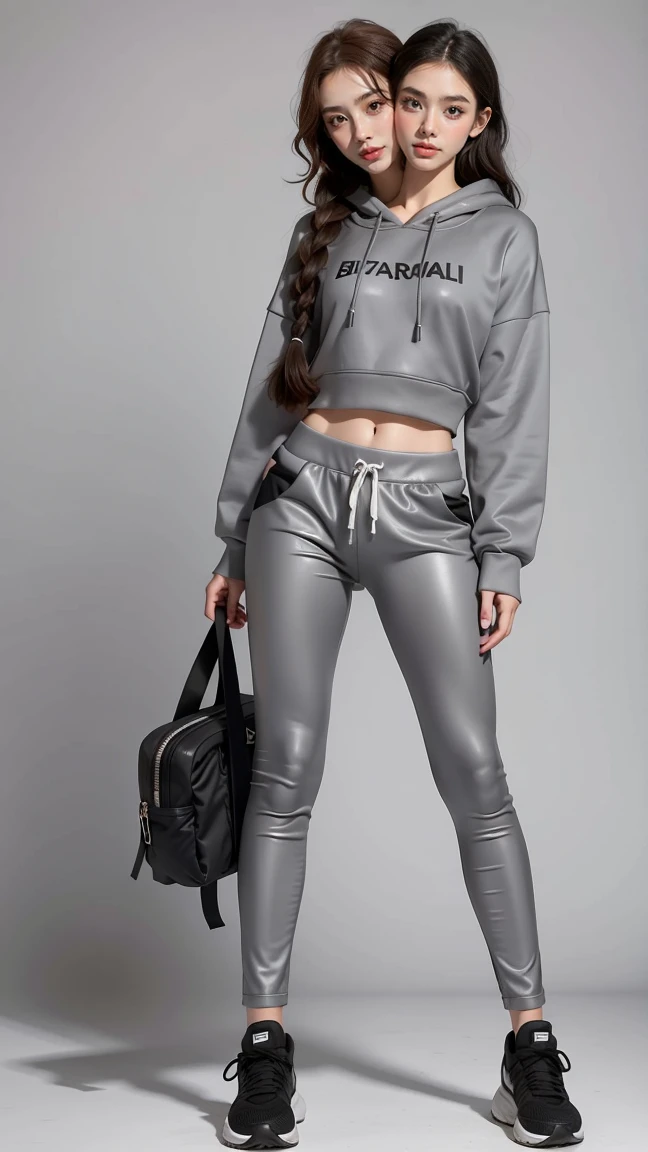 best resolution, 2 heads, Australian girl Instagram model girl two heads, 19 years old, youthful, wearing a gray sweater and black leggings, cute sportswear, gray hoodie, sports clothing, full body wide shot, full body length shot, sport clothing, full-body-shot, full - body shot, full-body shot, grey hoodie, girl wearing hoodie, full-body, full product shot, fashion model, gorgeous young model, braided hair, blonde hair, red hair, black hair, different hair colors, full body shot