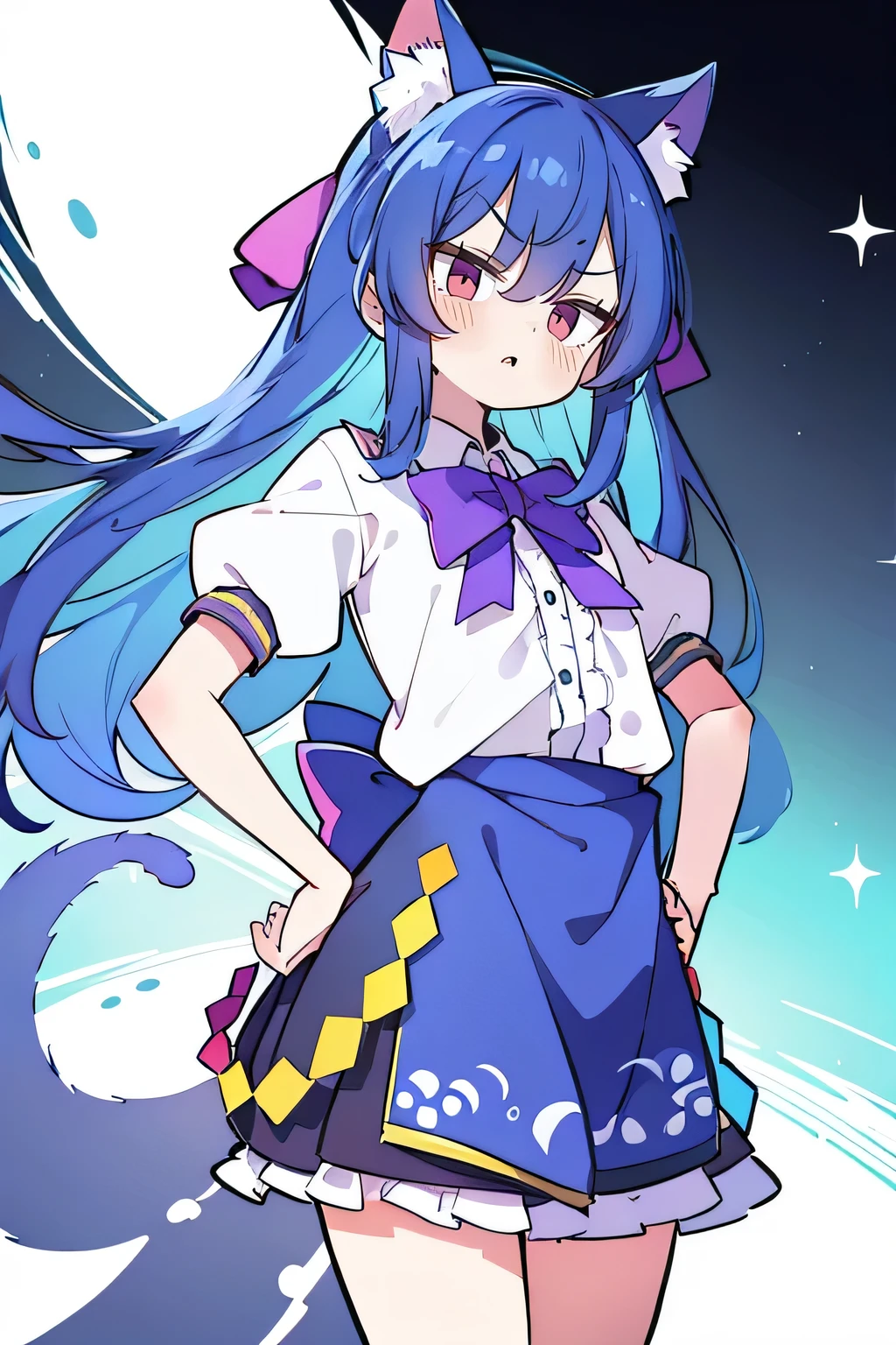 (masterpiece),best quality, expressive eyes, perfect face, 1girl,
Put your hands on your waist,fair, Gorgeous,Japanese cartoons,girl,lola,Hina Angel, blue hair, blue haired, floating clothes,Grab your waist, Grab your waist, hands on hips , hands on hips,sit, sit on ground, Legs on the ground, flat chest,cat ears,