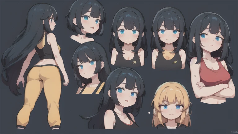 Masterpiece,Best quality, Perfect lighting,extremaly detailed cg,unified,8K wallpapers, Detailed face, CharacterDesignSheet，perfectly proportions，character  design（reference sheet：1.5）, model sheet, (multiple views [full bodyesbian|From behind|From the side Side|from the front side|Close-up|Upper body|Portrait]:1) anime babe ，The upper part of the body，Beautiful facial features，Beautiful face，peach skin，(large eyes，blue eyes，In the glow：1.5），（long black hair, heads：1.2），exaggeration，long hairstyles , black tank top crop top, grey sweat pants（The neck of the mechanism，Mechanical hands on chest：1.5），Semi-mechanical normal legs，simplebackground，with black background