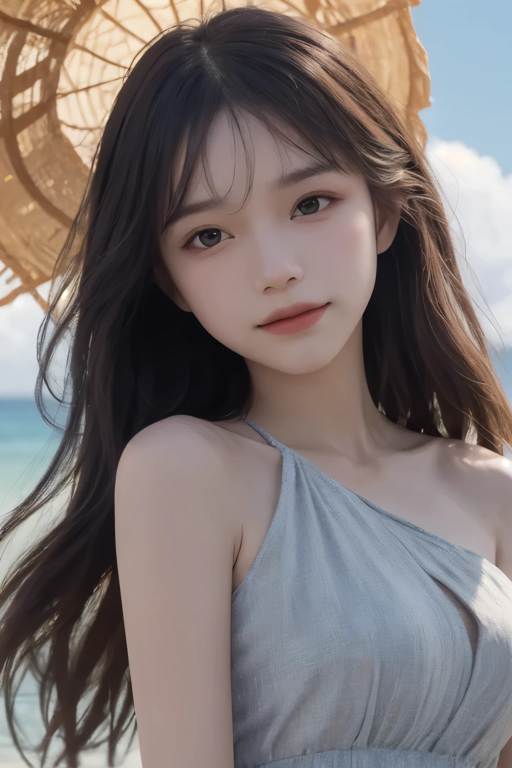 (masterpiece, actual: 1.4), (extremely high precision: 1.2) >, close up, portrait, (Upper body: 1.2), (front: 1.3), 191971 dress, Back Dress, (long skirt: 1.2), Extra-long hair, breast, bare shoulders, Sky, ocean, water, looking at the audience, Italian, head tilt, Wind, cloud, Sunlight, outdoor, 1 girl,Smiling, ,Highly detailed facial and skin textures,surreal,Super real photos,美丽delicate eyes,alone, rest, film light, ultra high resolution, 8K Ultra HD, Film particles, perfect anatomy, Delicate and Beautifully skin, best shade, Beautifully, raw, High resolution,Highly detailed facial and skin textures, delicate eyes,surreal,Super real photos,Very detailed CG unified 8k wallpaper,(masterpiece),(best quality),(Super detailed),(Super real photos),(Best character details:1.36),There is light on the face, movie lighting,illustration, Very detailed,Level verbose, High resolution, Very detailed, best quality, masterpiece