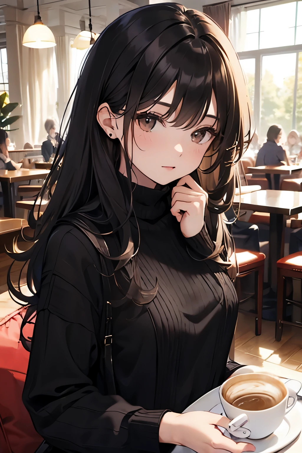 best quality, highres,Slender、brown eyes、tall、black hair、(long hair:1.3),straight hair、(Cafe:1.4)、(black knit:1.6)、(black clothes:1.6)、7 life size