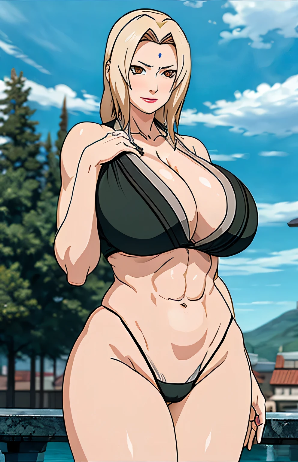 (huge tits), cleavage, good anatomy, masterpiece, best quality, 4k, 8k, professional photography, soft light, sharp focus, 1 girl,  blonde hair, short blous,visible midriff ,green rob,(mountain), clouds, blonde hair, parted banks, detailed face+brown eyes, smile, closed lips, lipstick, windows,(full bodyshot), (deep navelshow :1.5),toned abs,(oval shaped deep and long navel), alluring poses